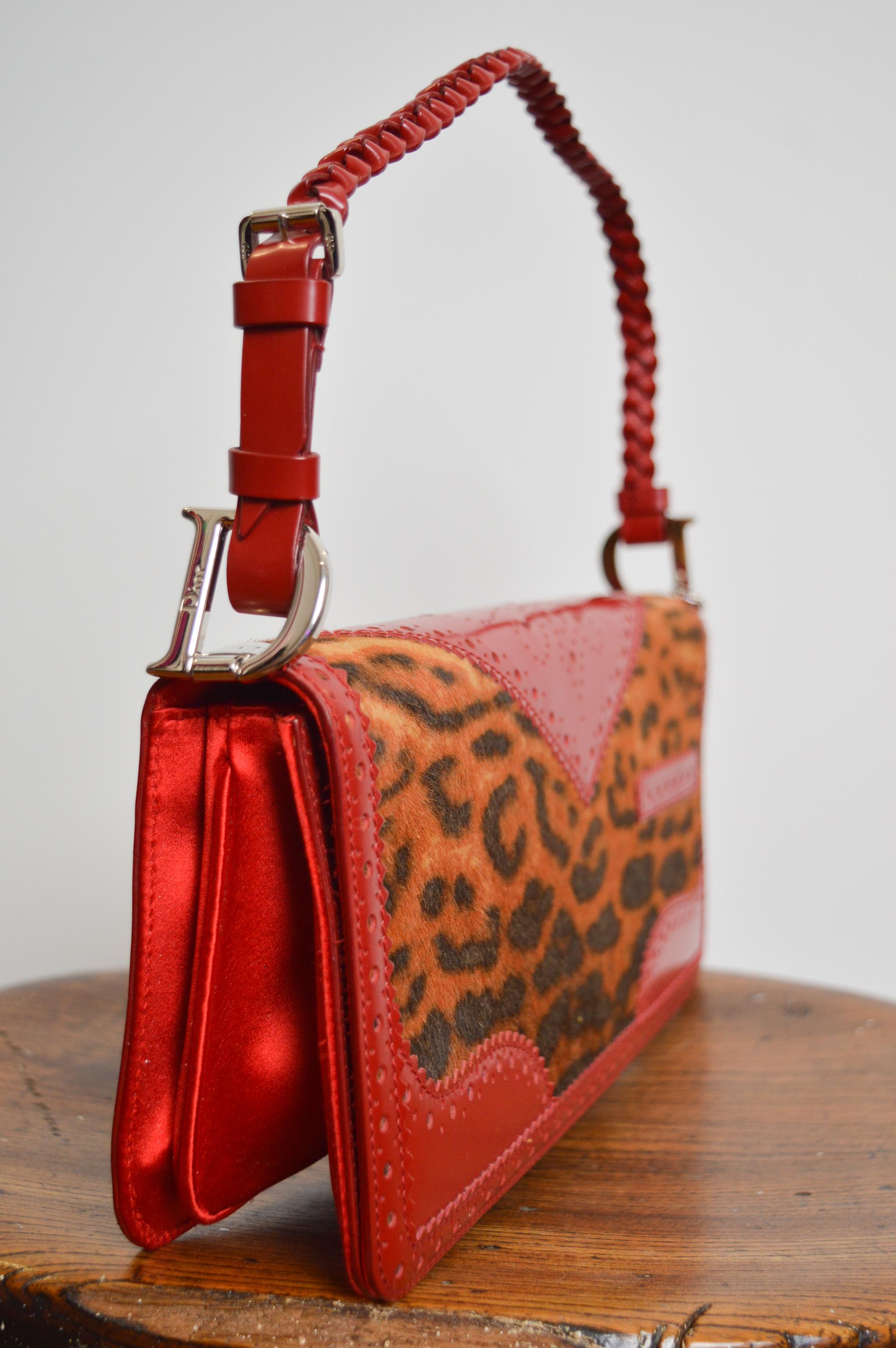 Christian Dior John Galliano D'Trick Red leather Leopard pony Skin Shoulder Bag For Sale 9