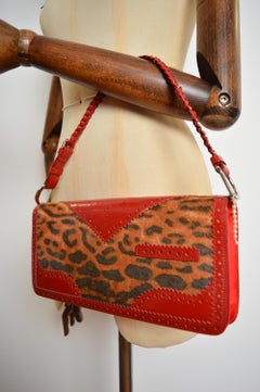 Christian Dior John Galliano D'Trick Red leather Leopard pony Skin Shoulder Bag