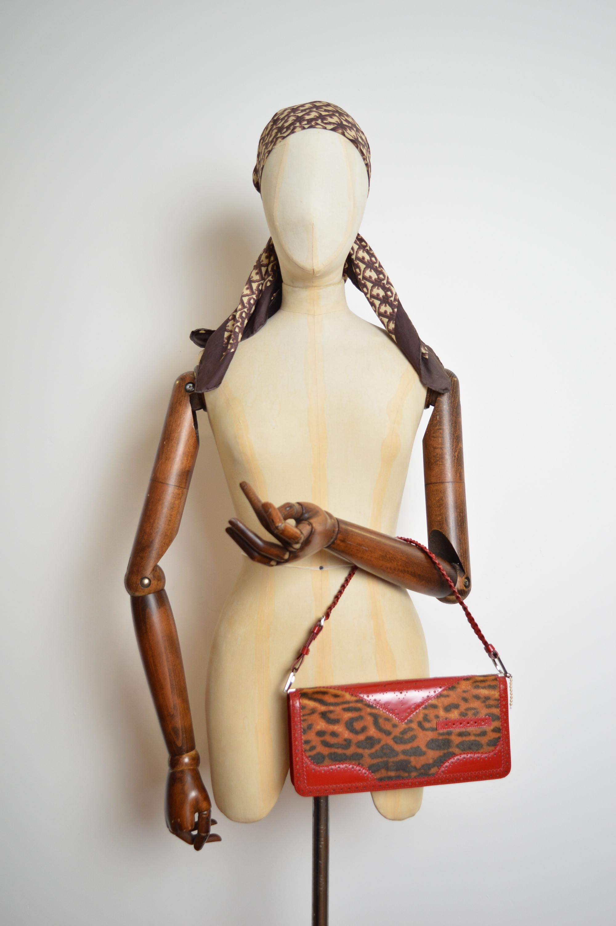 Beige Christian Dior John Galliano D'Trick Red leather Leopard pony Skin Shoulder Bag For Sale