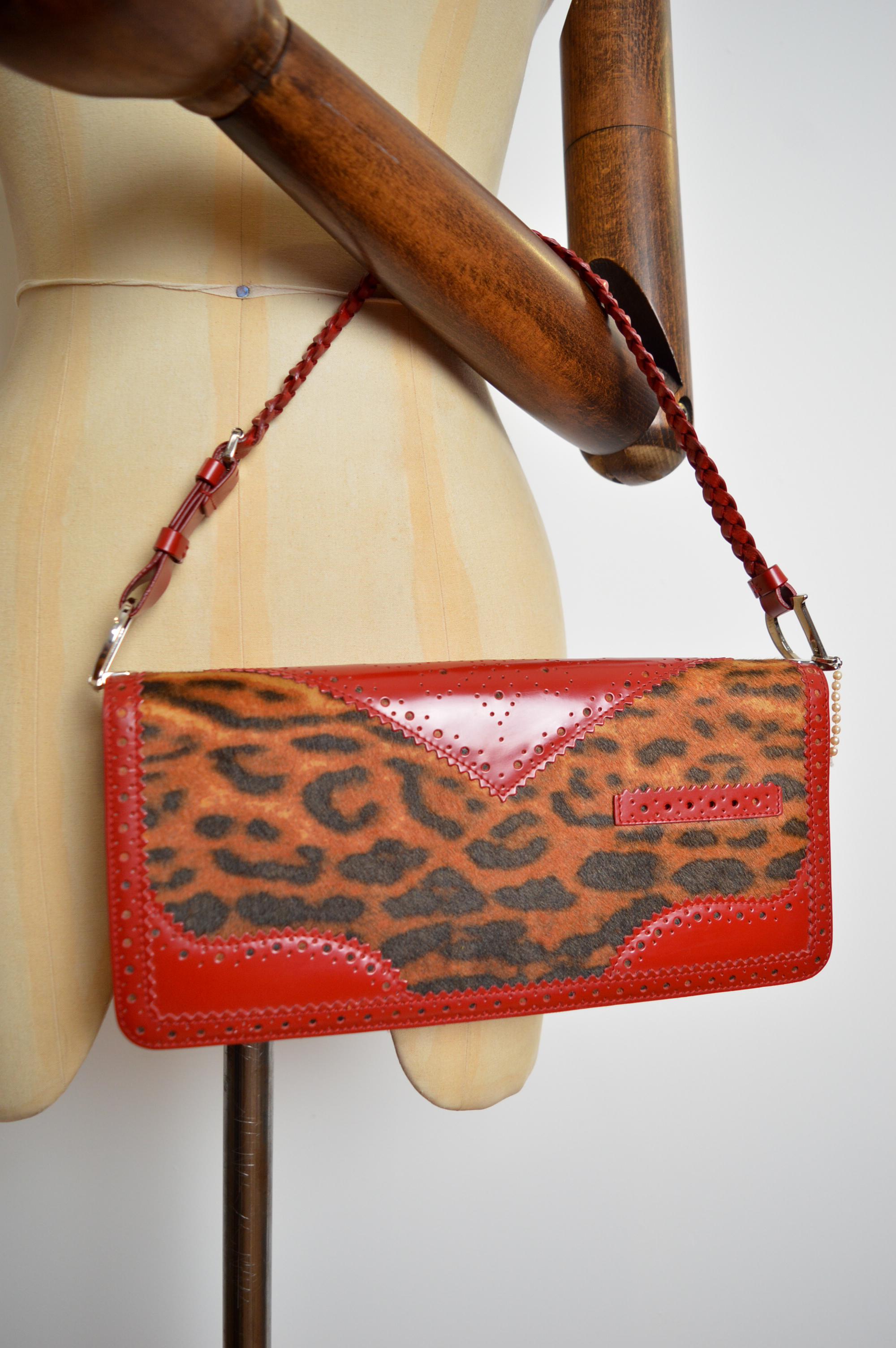Christian Dior John Galliano D'Trick Red leather Leopard pony Skin Shoulder Bag For Sale 2