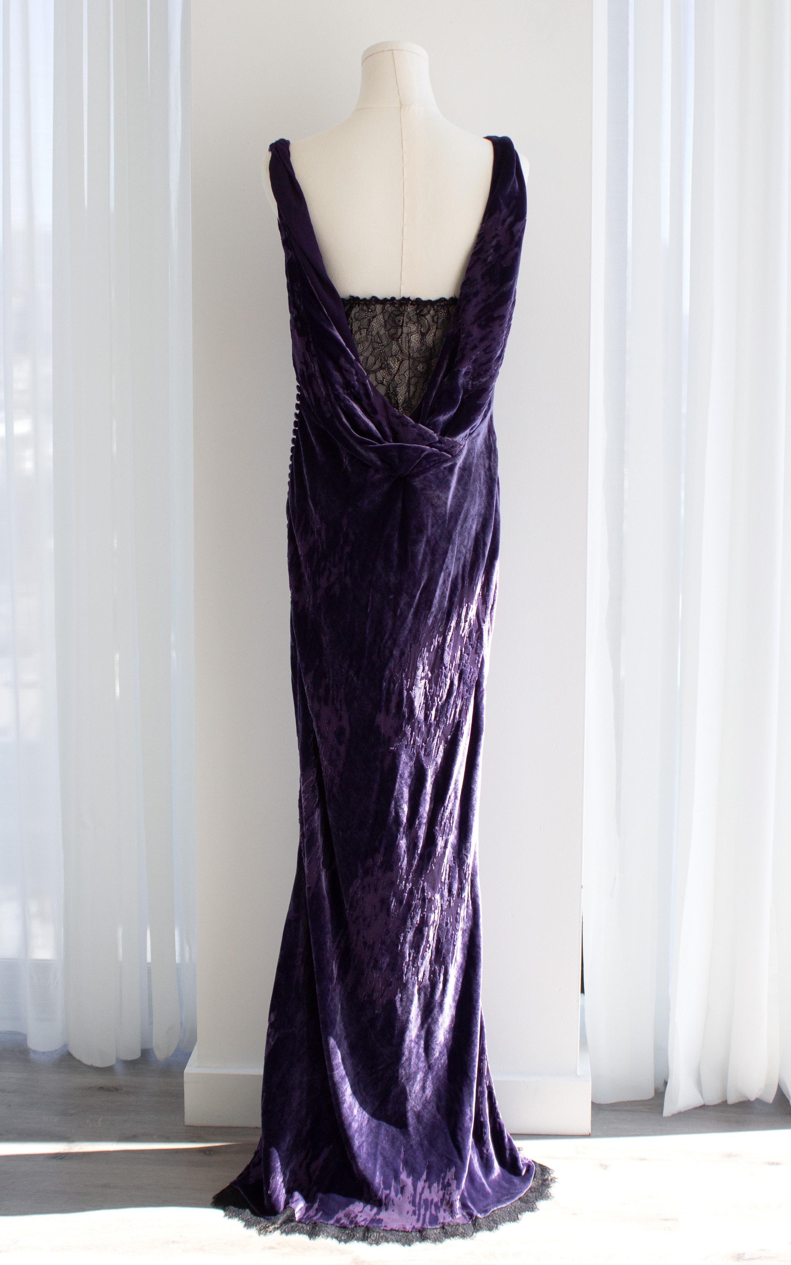 Black Christian Dior John Galliano F/W 2005 Purple Devore Velvet Evening Dress Gown