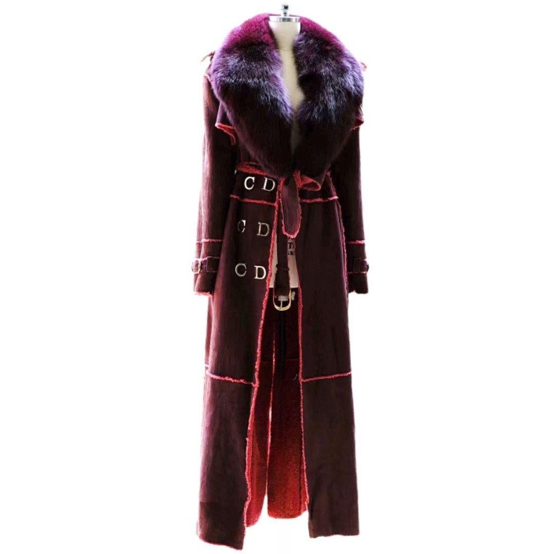 Christian Dior - John Galliano Burgundy Suede Coat with Red Lining and Fur Collar. Fall/Winter 2000 Size 38FR  