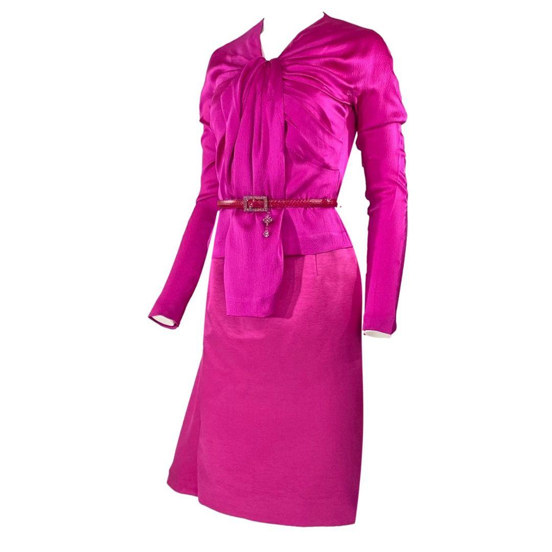 Christian Dior Fall/Winter 2007 Hot Pink Skirt Suit with Crystal Buckle, Snake Skin Belt Size 38FR - John Galliano for Christian Dior.