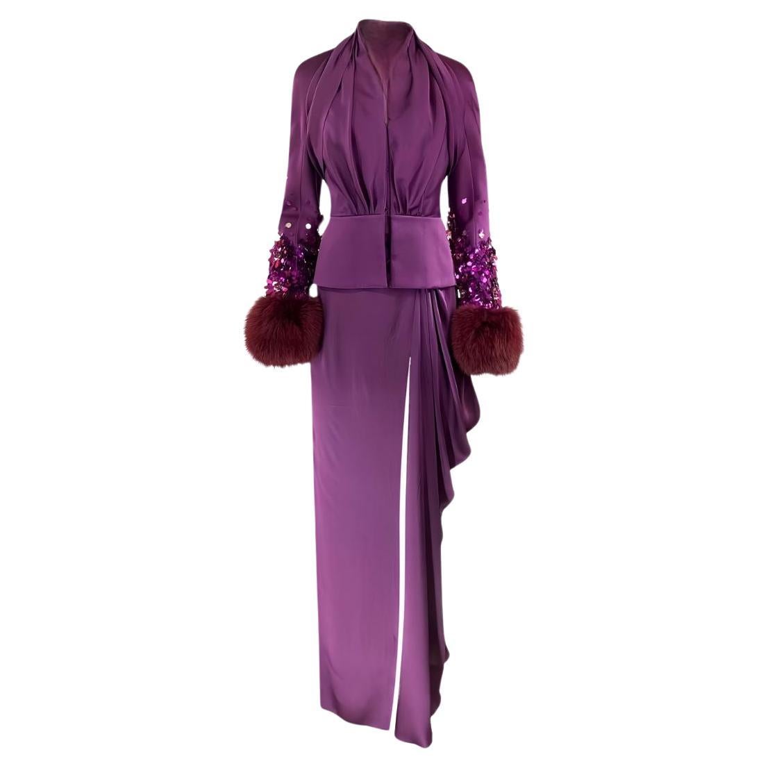 Christian Dior John Galliano Fall/Winter 2007 Plum Suit with Fur Trim Size 42FR For Sale