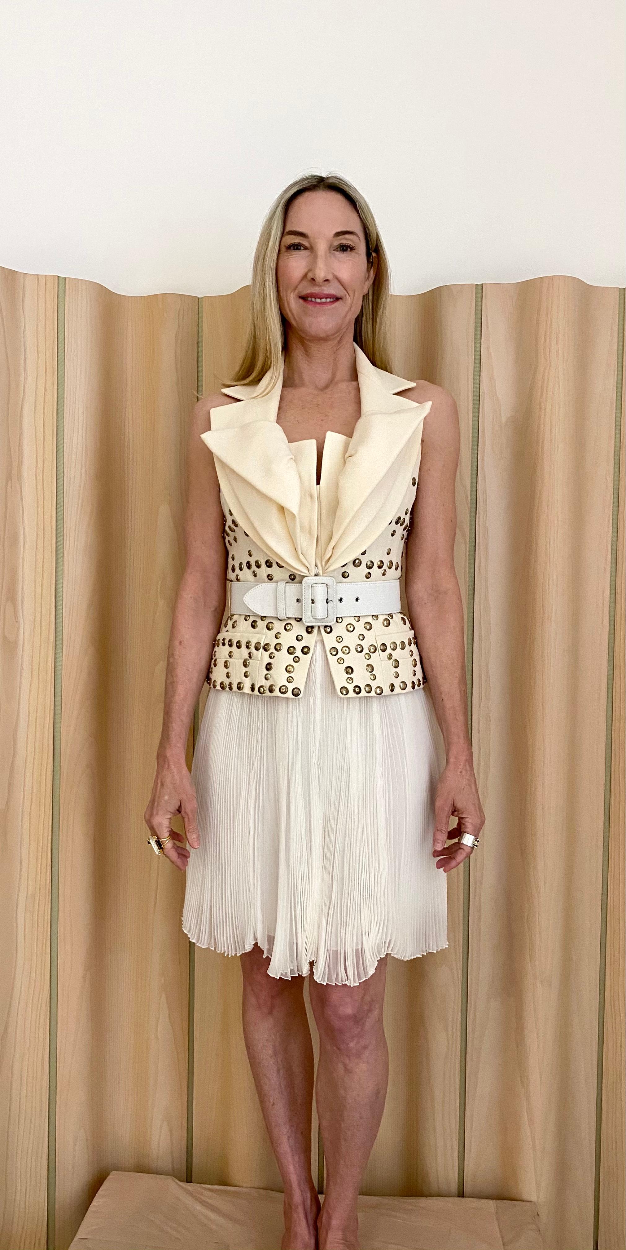 Women's Christian Dior John Galliano Ivory Halter Studded Top and Plisse Skirt ensemble