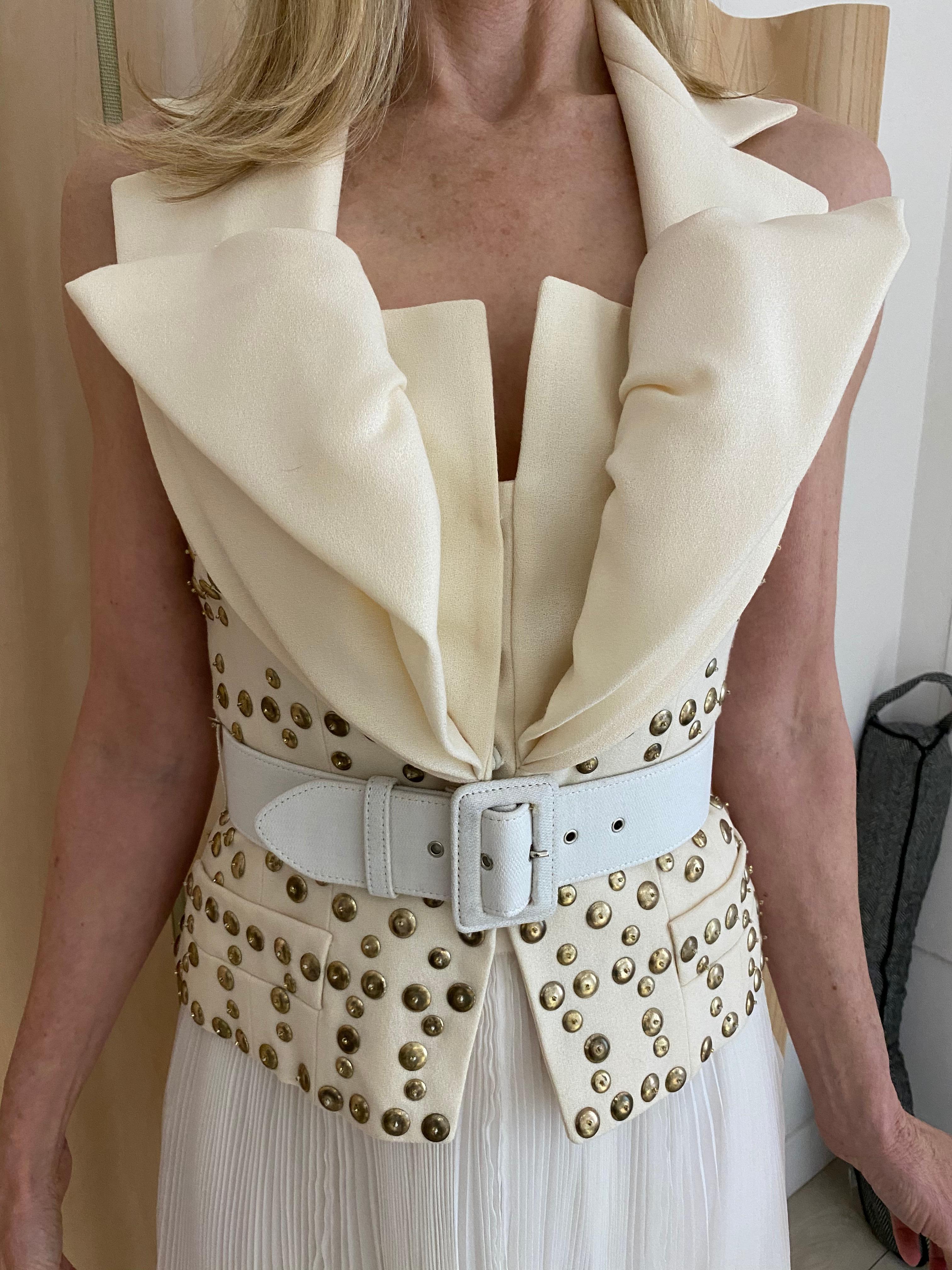 Christian Dior John Galliano Ivory Halter Studded Top and Plisse Skirt ensemble 2