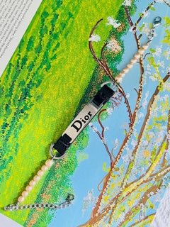 CHRISTIAN DIOR John Galliano Pearls Silver Logo Hardcore Black Leather Bracelet