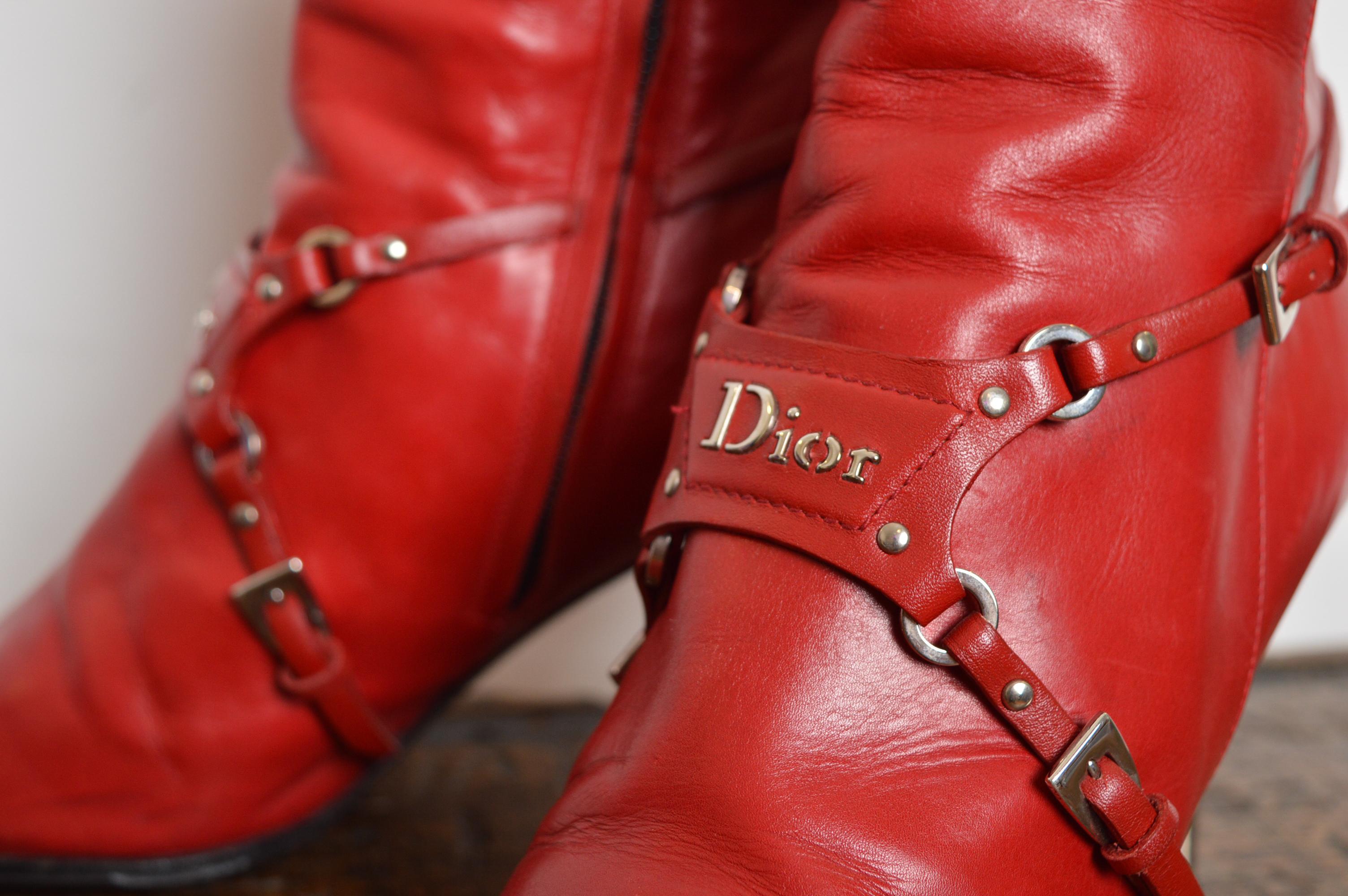 Christian Dior John Galliano Red leather Y2k Bondage Harness Pointed Ankle Boots For Sale 8