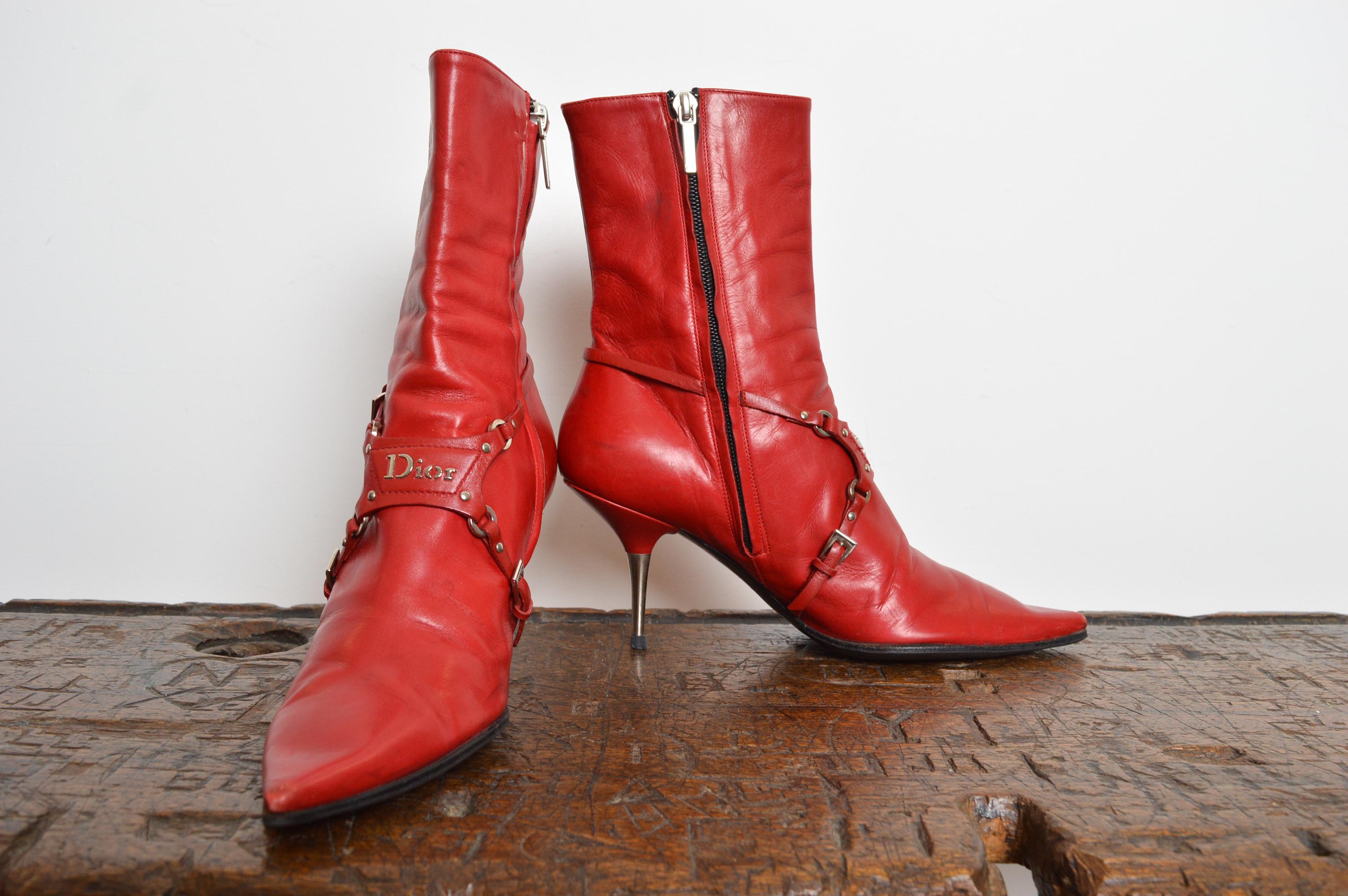Christian Dior John Galliano Red leather Y2k Bondage Harness Pointed Ankle Boots For Sale 1