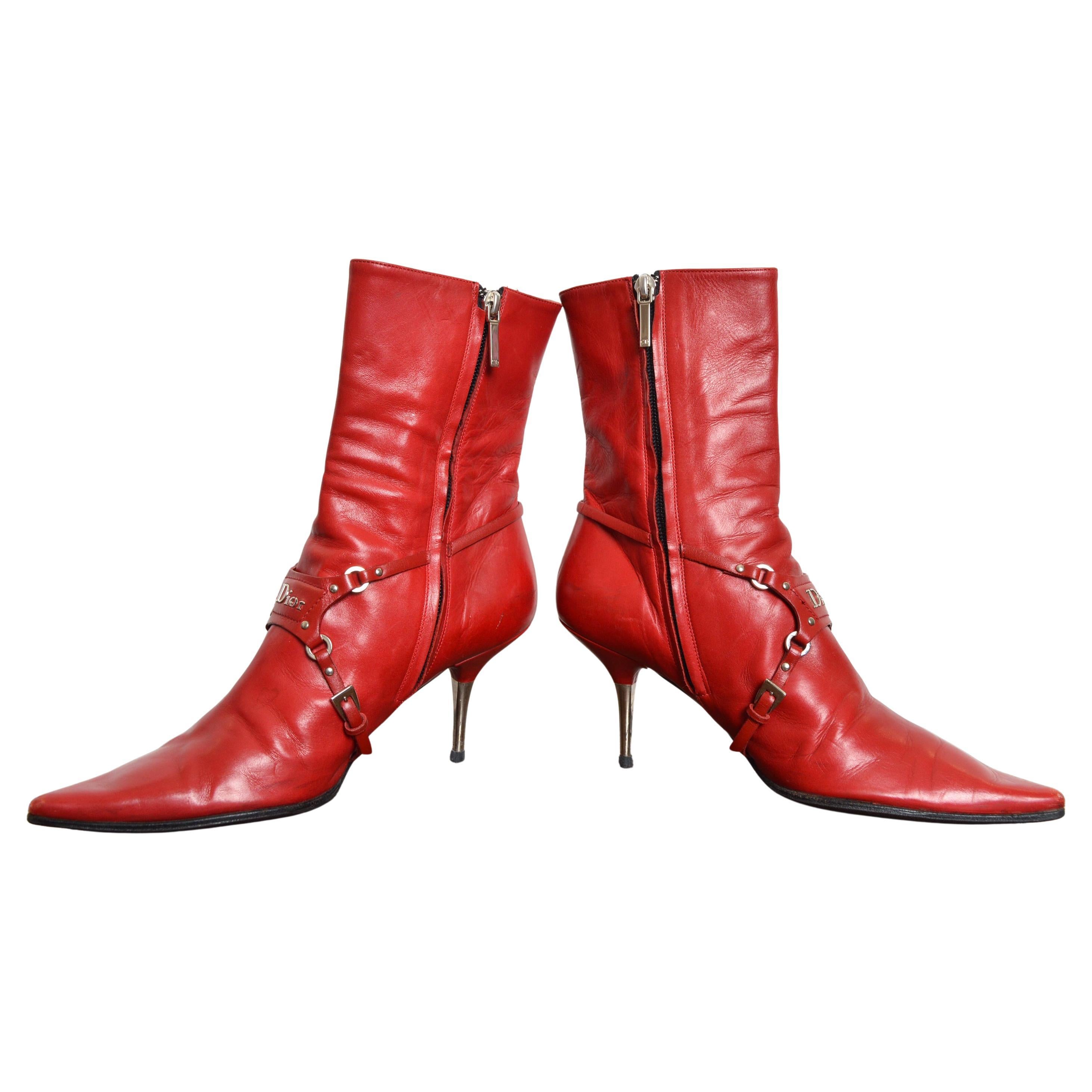 Christian Dior John Galliano Red leather Y2k Bondage Harness Pointed Ankle Boots For Sale