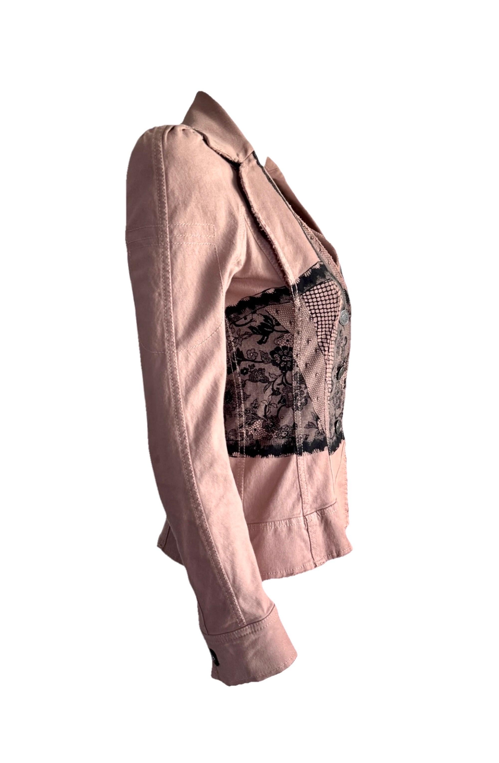CHRISTIAN DIOR John Galliano Pasarela S/S 2006 Chaqueta vaquera trampantojo y encaje 36 Marrón en venta