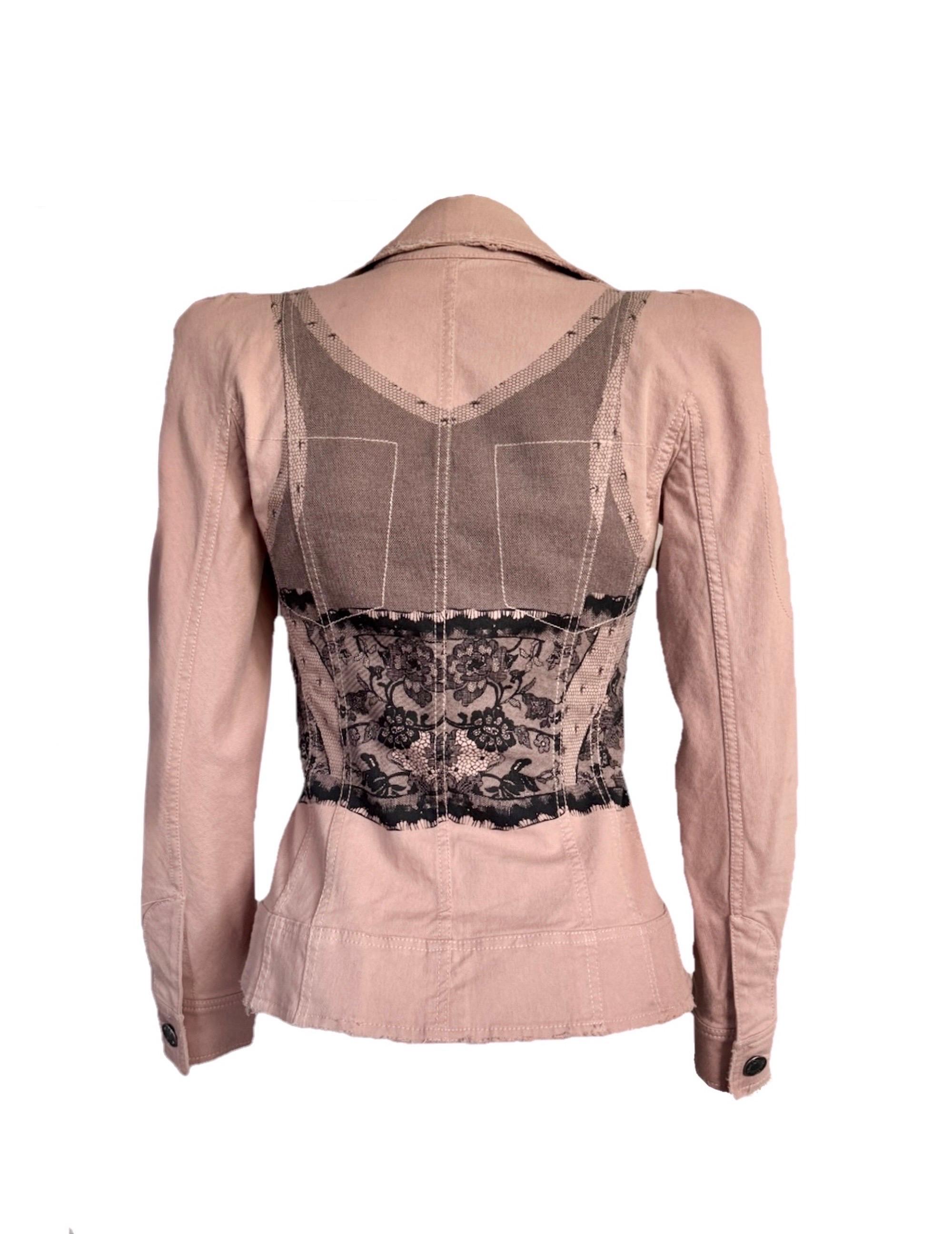 CHRISTIAN DIOR John Galliano Pasarela S/S 2006 Chaqueta vaquera trampantojo y encaje 36 en venta 1