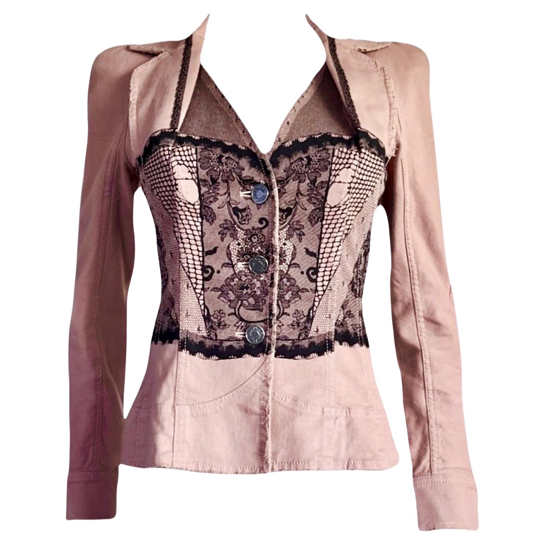 CHRISTIAN DIOR John Galliano Runway S/S 2006 Trompe-L'œil Denim & Lace Jacket 36