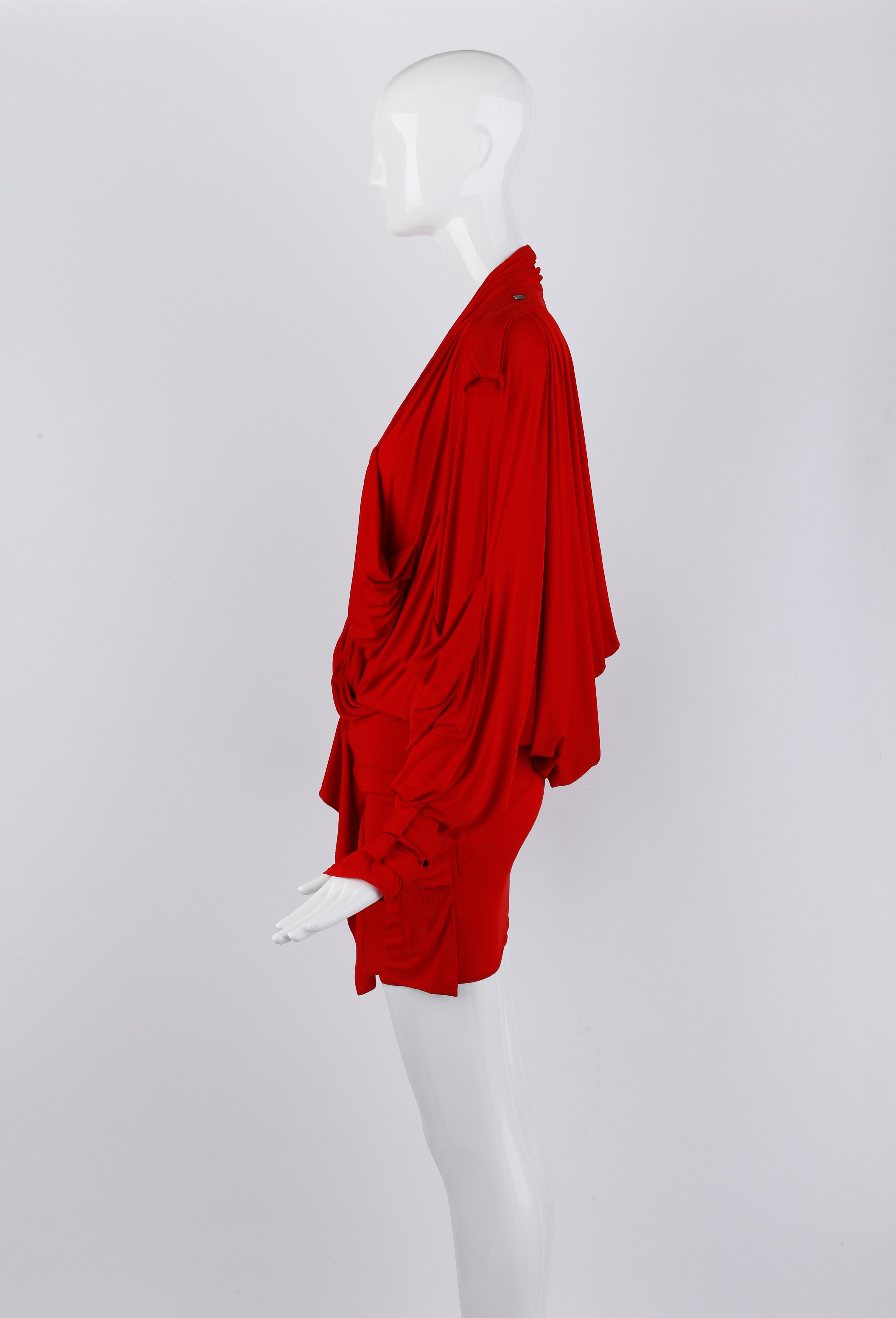 Christian Dior John Galliano S/S 2003 Red Plunge Draped Pocket Mini Dress For Sale 4
