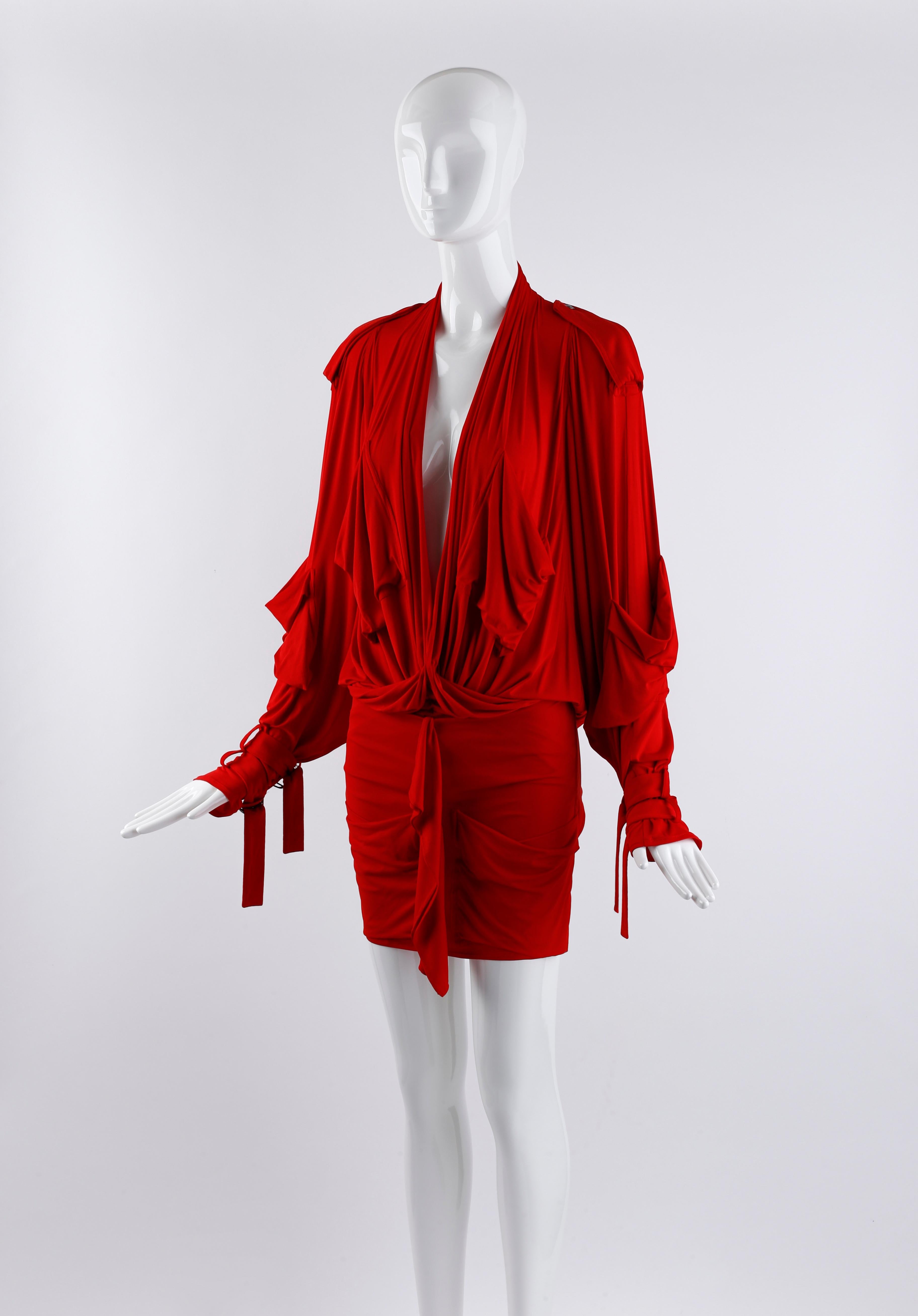 Christian Dior John Galliano S/S 2003 Red Plunge Draped Pocket Mini Dress For Sale 5