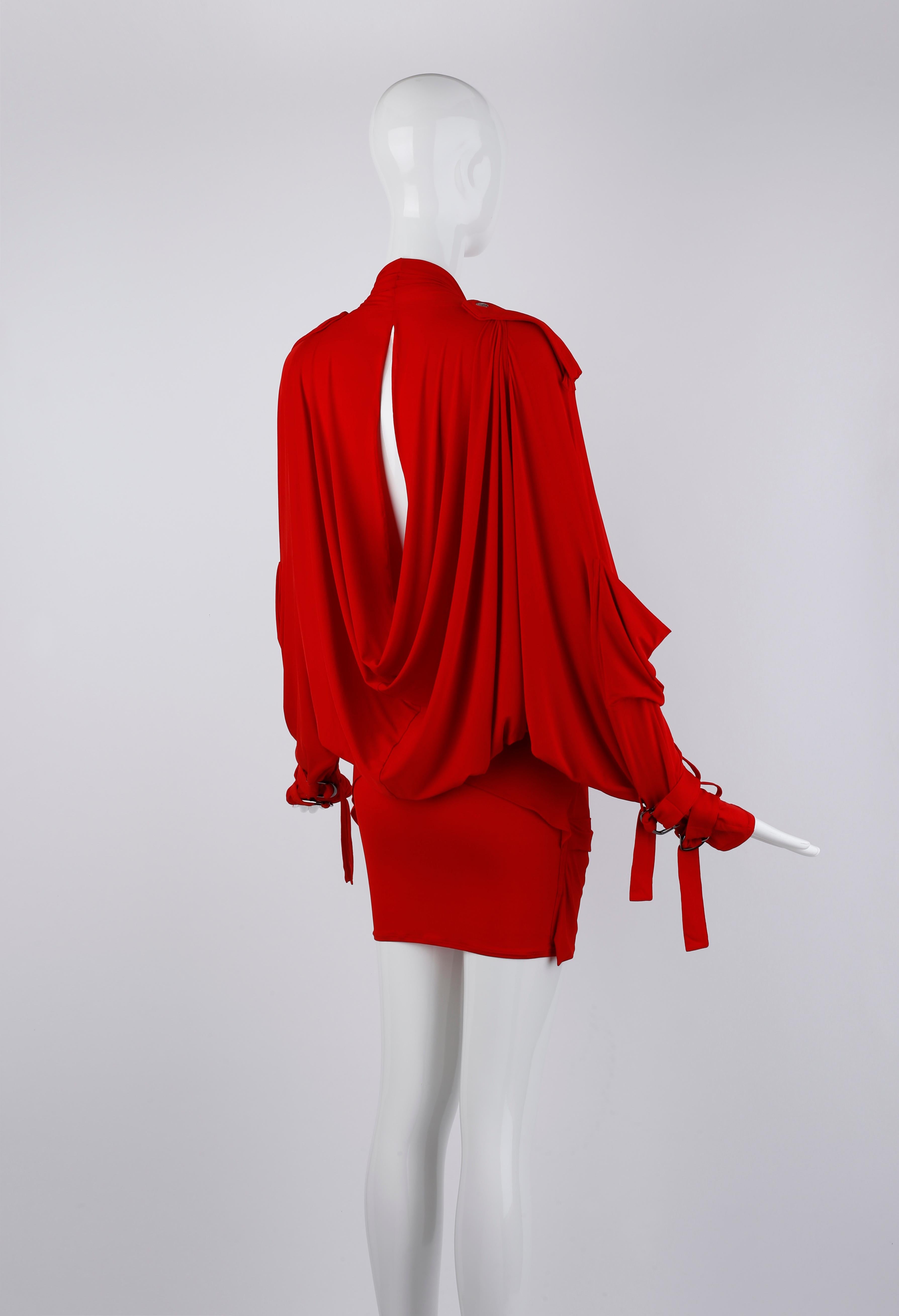 Christian Dior John Galliano S/S 2003 Red Plunge Draped Pocket Mini Dress In Good Condition For Sale In Chicago, IL