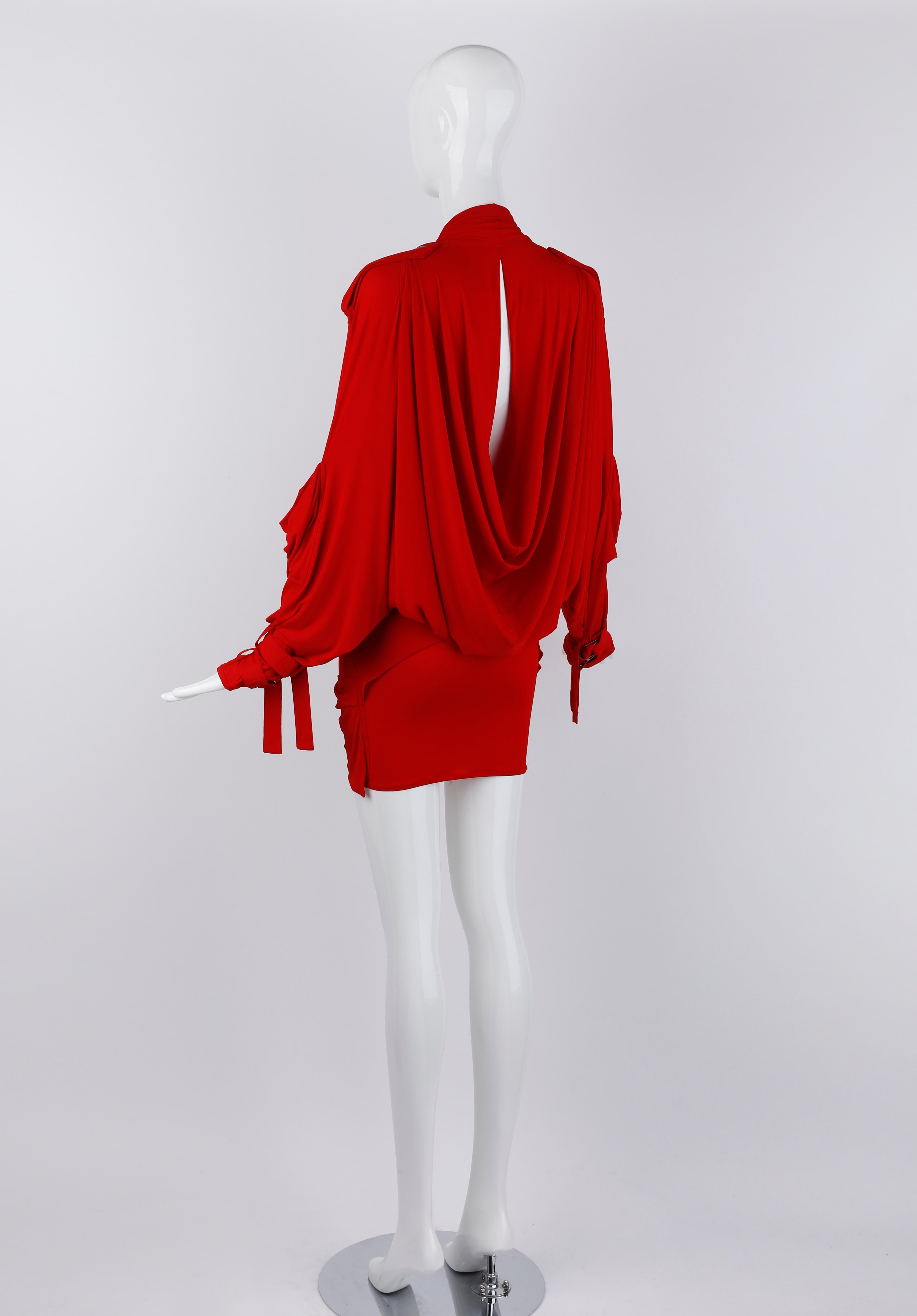 Christian Dior John Galliano S/S 2003 Red Plunge Draped Pocket Mini Dress For Sale 4