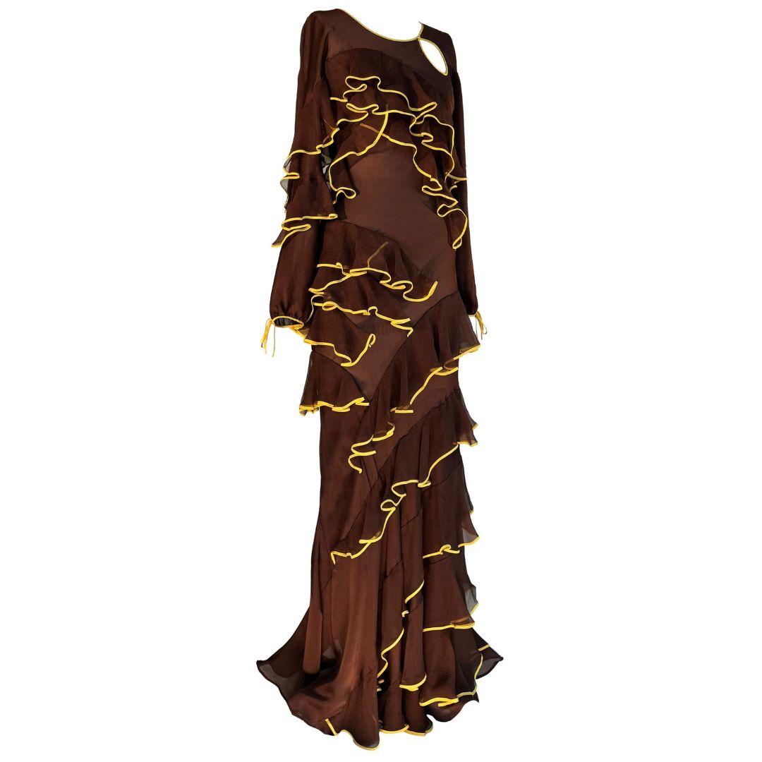 Christian Dior John Galliano - Vintage Silk Brown Evening Gown with Yellow Trim Outlining Ruffles 

Fall/Winter 
Size 38FR