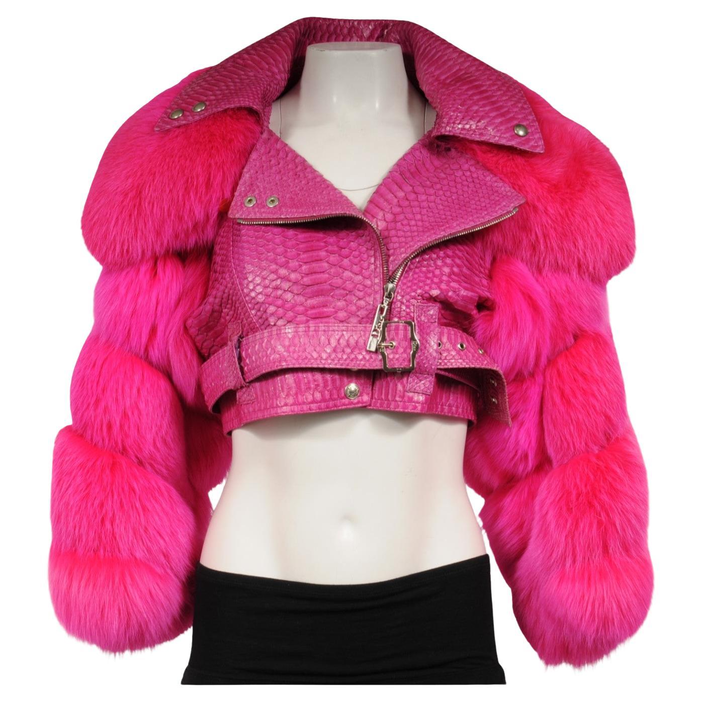 Christian Dior John Galliano Spring 2004 Crop Biker Jacket Small Pink Python Fur