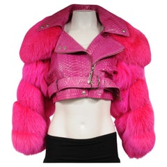 Christian Dior John Galliano Spring 2004 Crop Biker Jacket Small Pink Python Fur