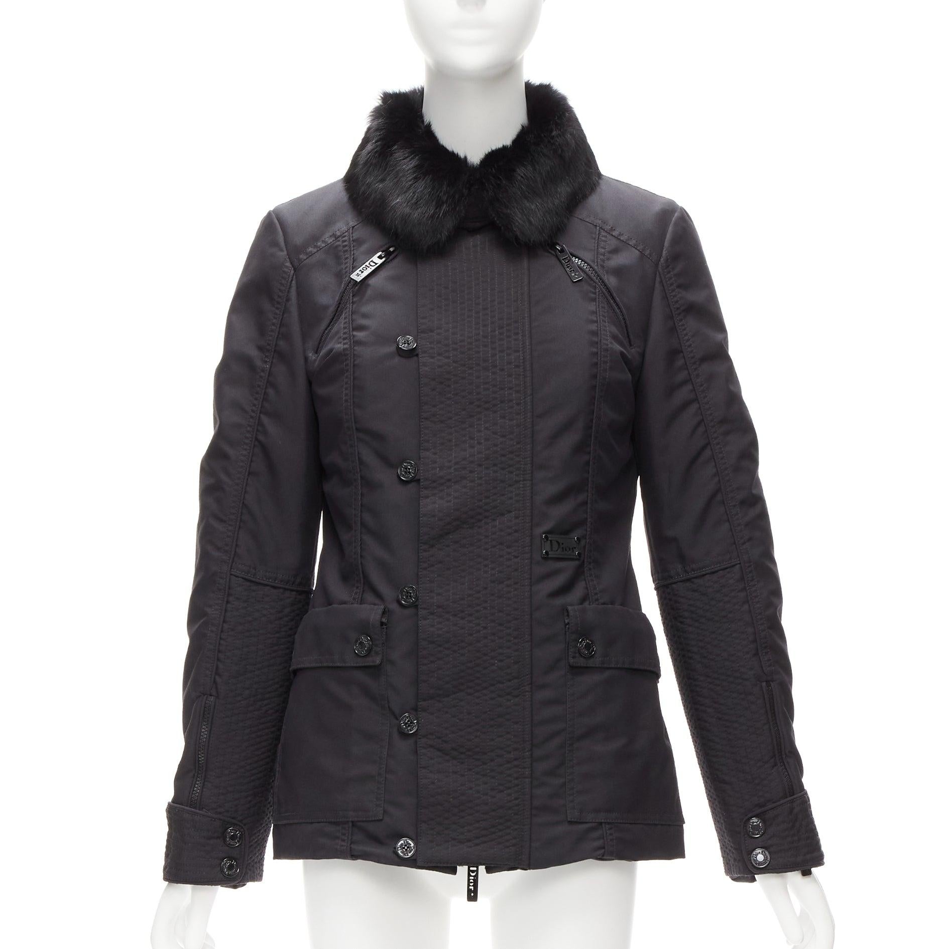Noir CHRISTIAN DIOR John Galliano Veste rembourrée à col en fourrure noire vintage FR36 S en vente