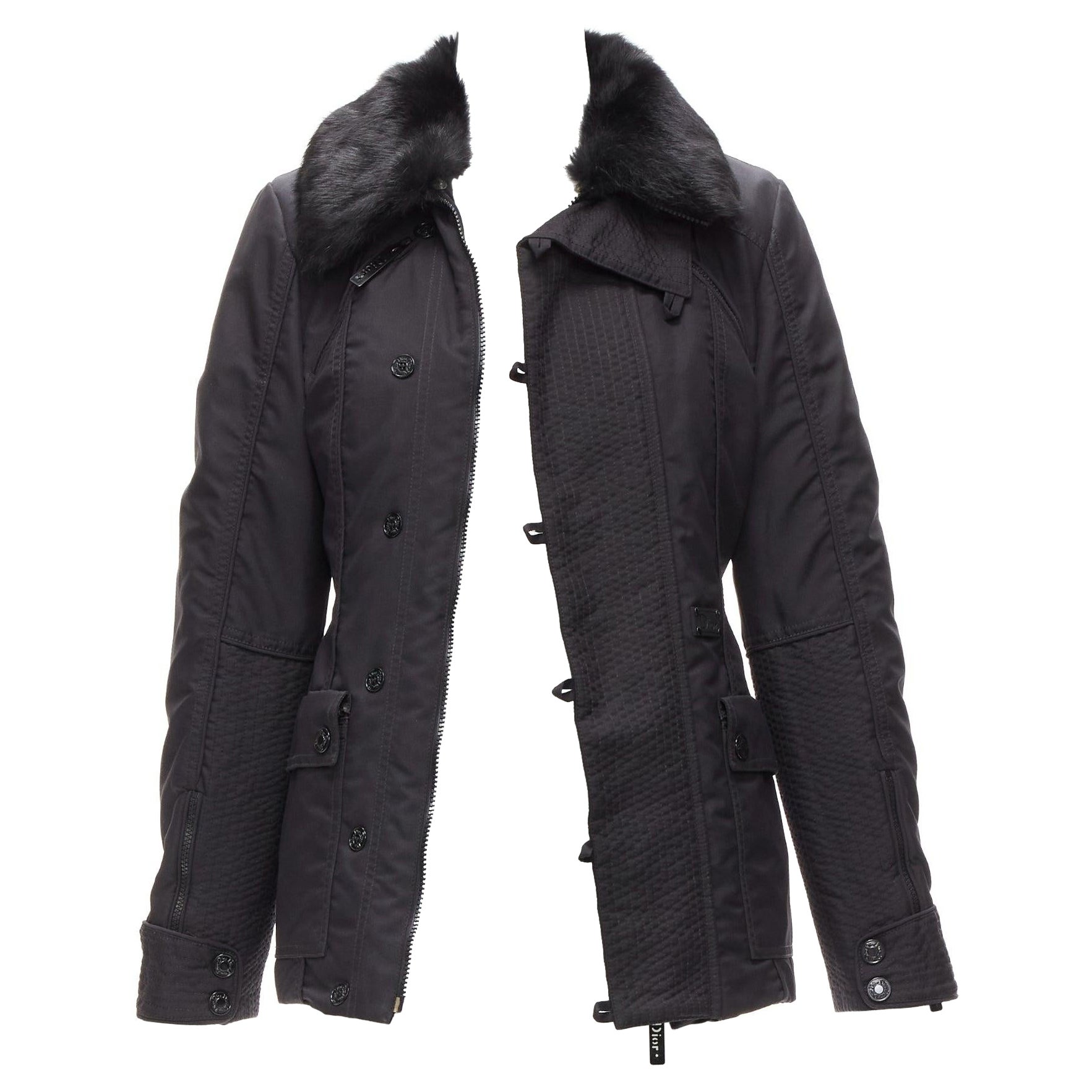 CHRISTIAN DIOR John Galliano Chaqueta vintage acolchada con cuello de piel negra FR36 S