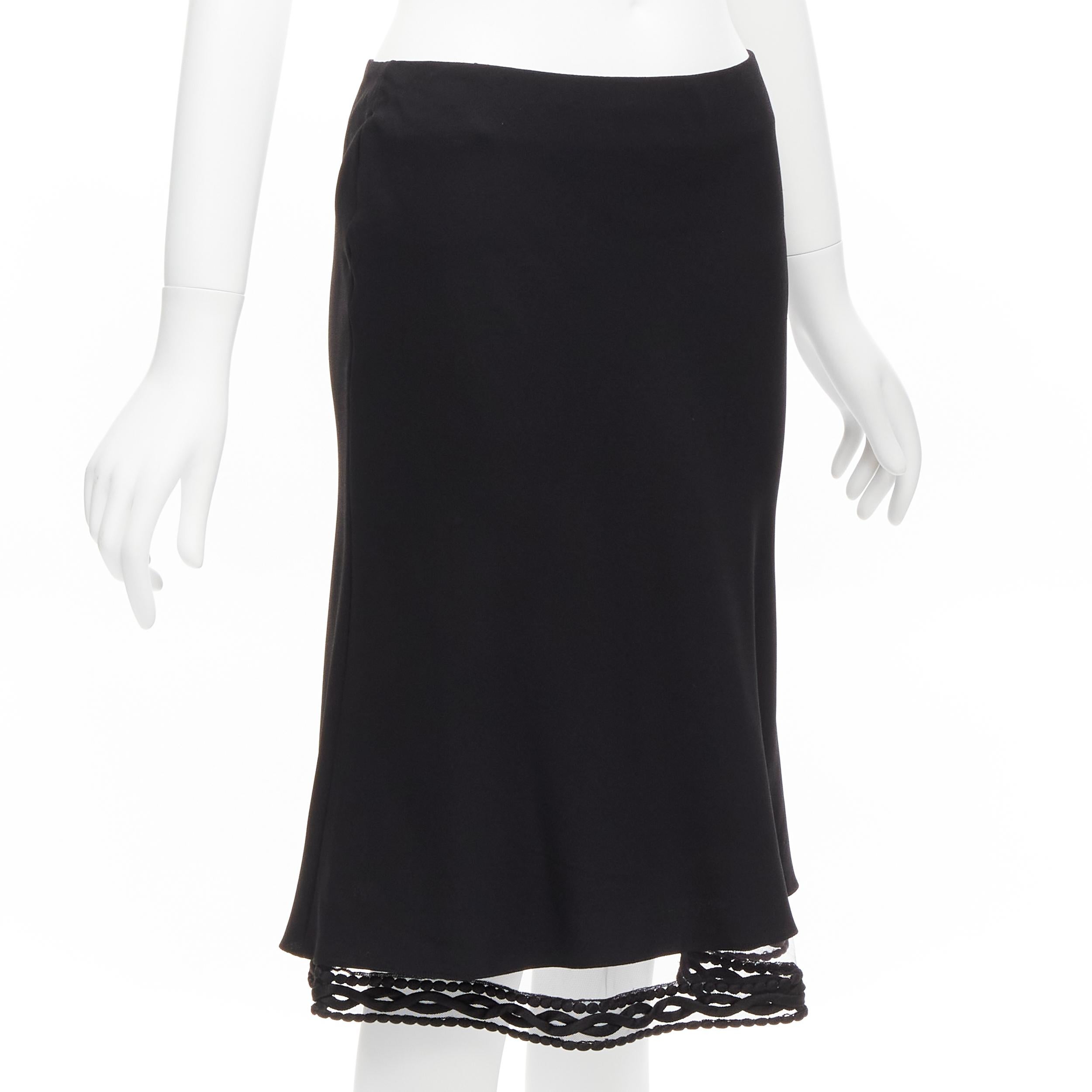 Black CHRISTIAN DIOR John Galliano Vintage black lace trim hem flare knee skirt FR38 M For Sale