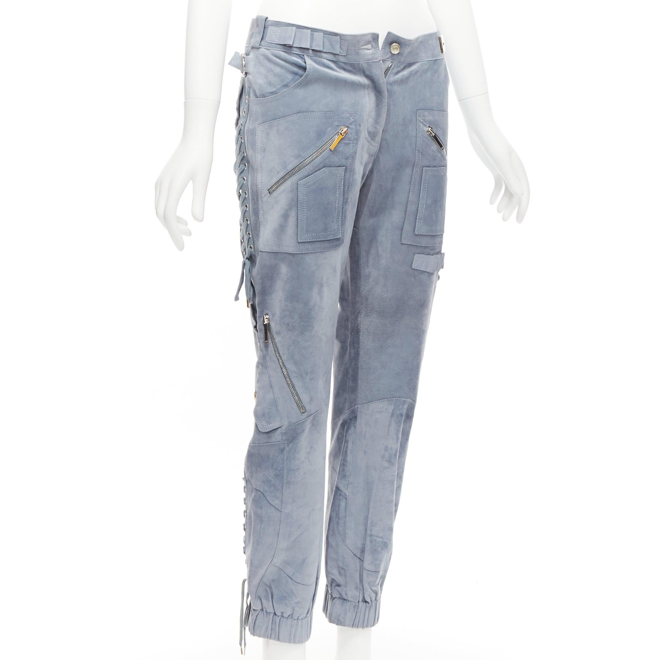 Gris CHRISTIAN DIOR John Galliano Pantalon de cargaison vintage en cuir de veau bleu lacé FR36 S en vente