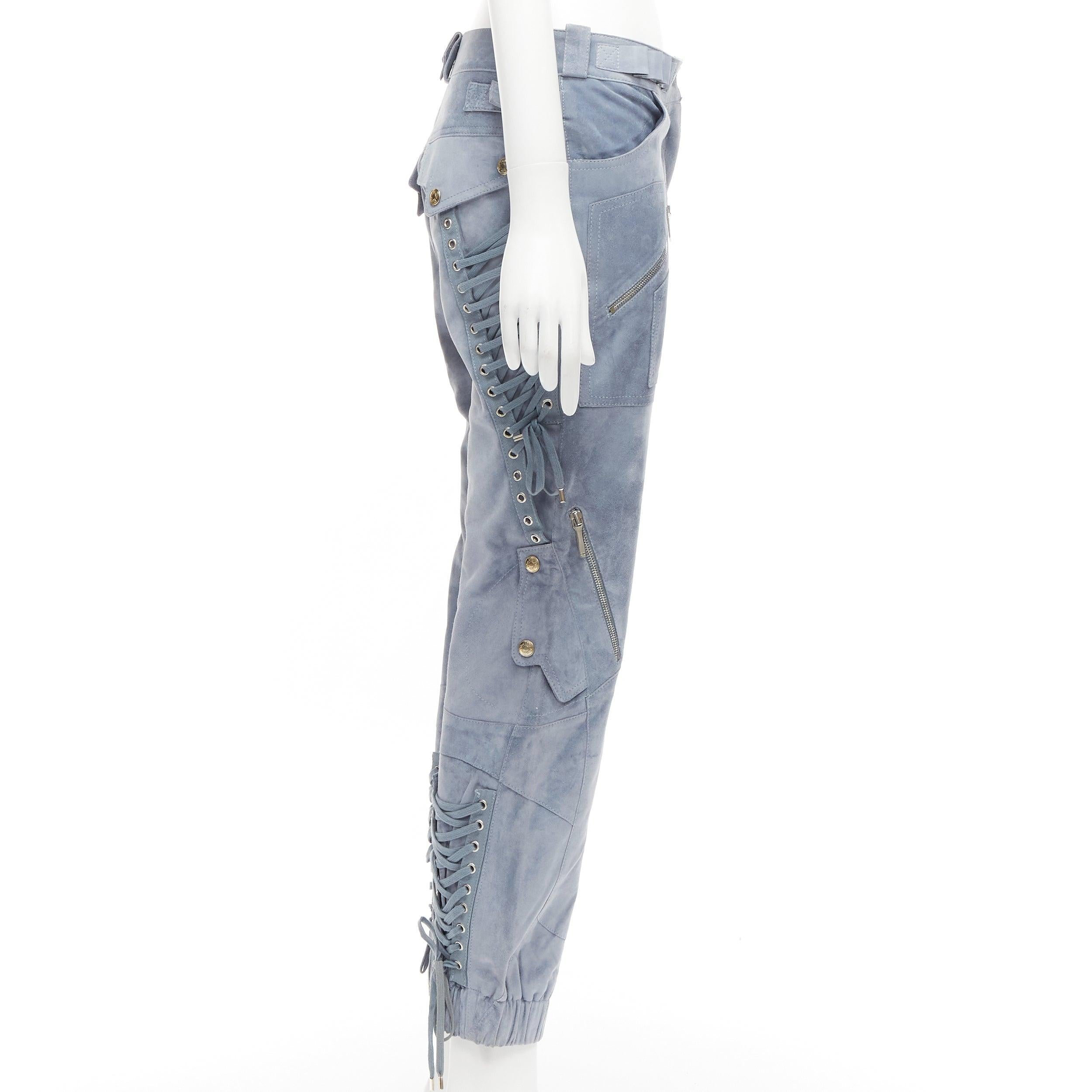 CHRISTIAN DIOR John Galliano Vintage blue calfskin laced cargo pants FR36 S In Good Condition For Sale In Hong Kong, NT