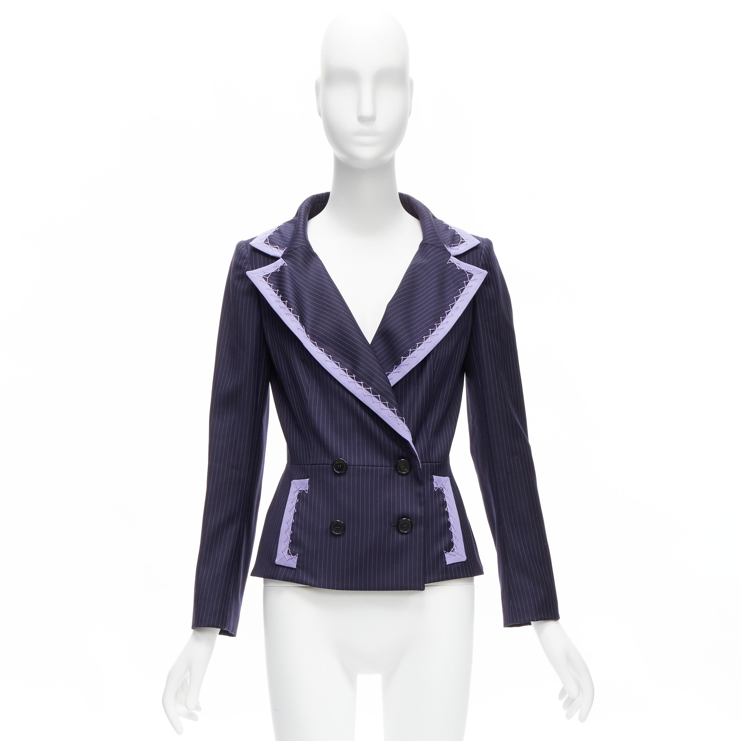 CHRISTIAN DIOR John Galliano Vintage navy purple topstitch bar blazer FR38 M. in vendita 6