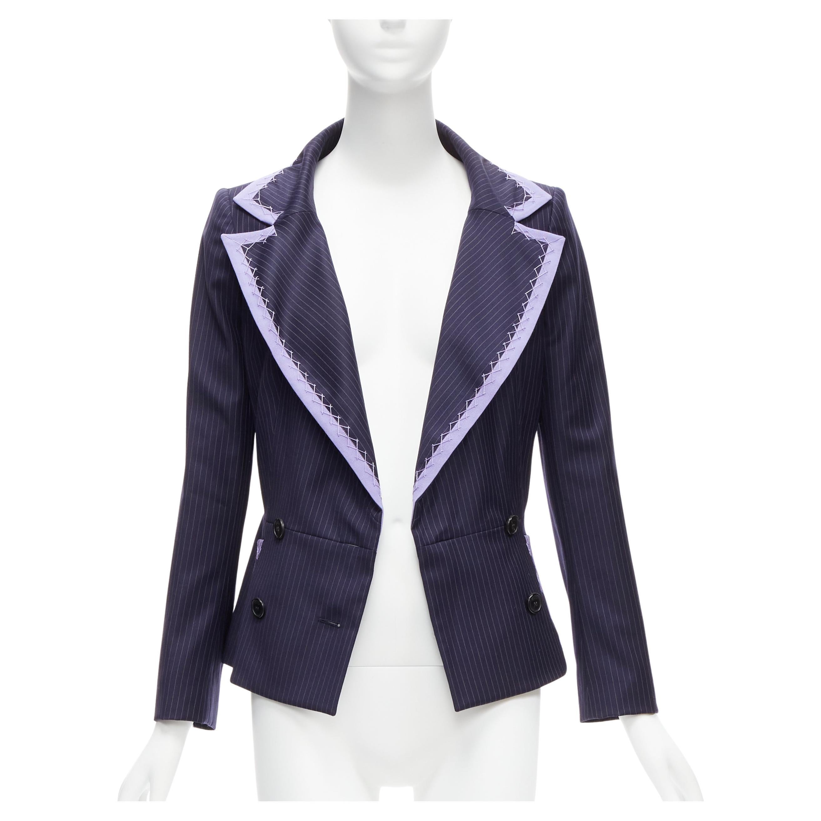 CHRISTIAN DIOR John Galliano Vintage navy purple topstitch bar blazer FR38 M. in vendita