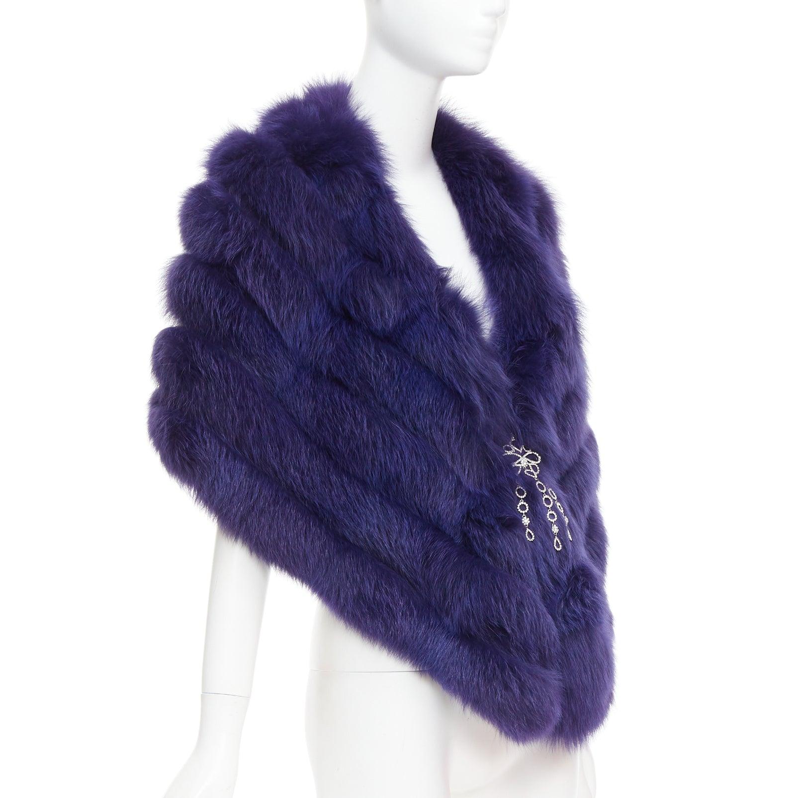Purple CHRISTIAN DIOR John Galliano Vintage purple rare fur shawl with crystal brooch For Sale