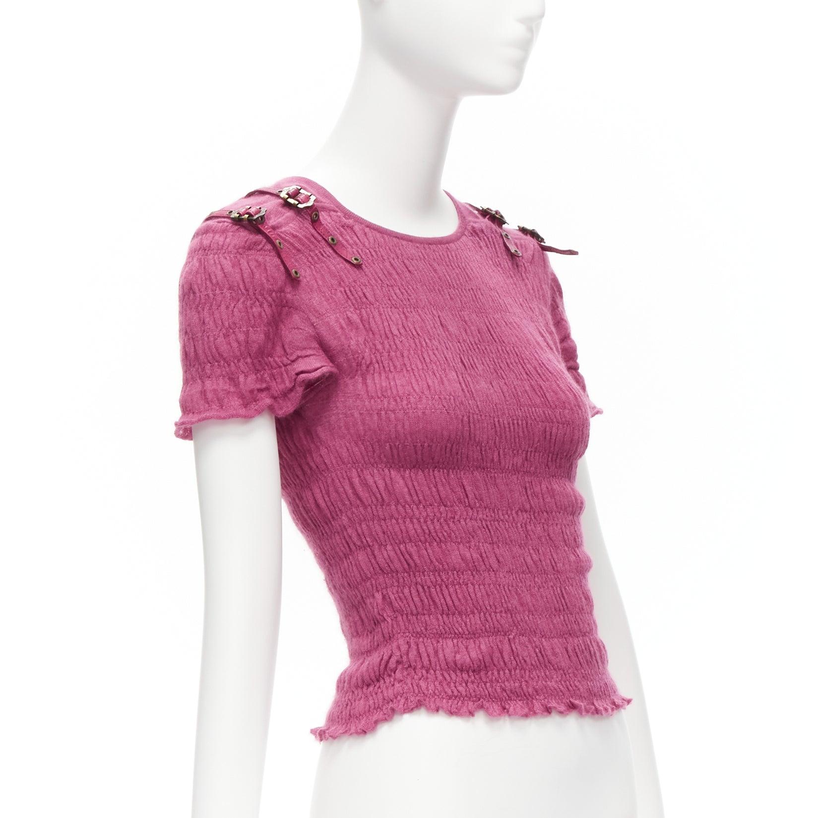CHRISTIAN DIOR John Galliano Vintage rose pink bondage strap shirred sweater top In Good Condition In Hong Kong, NT