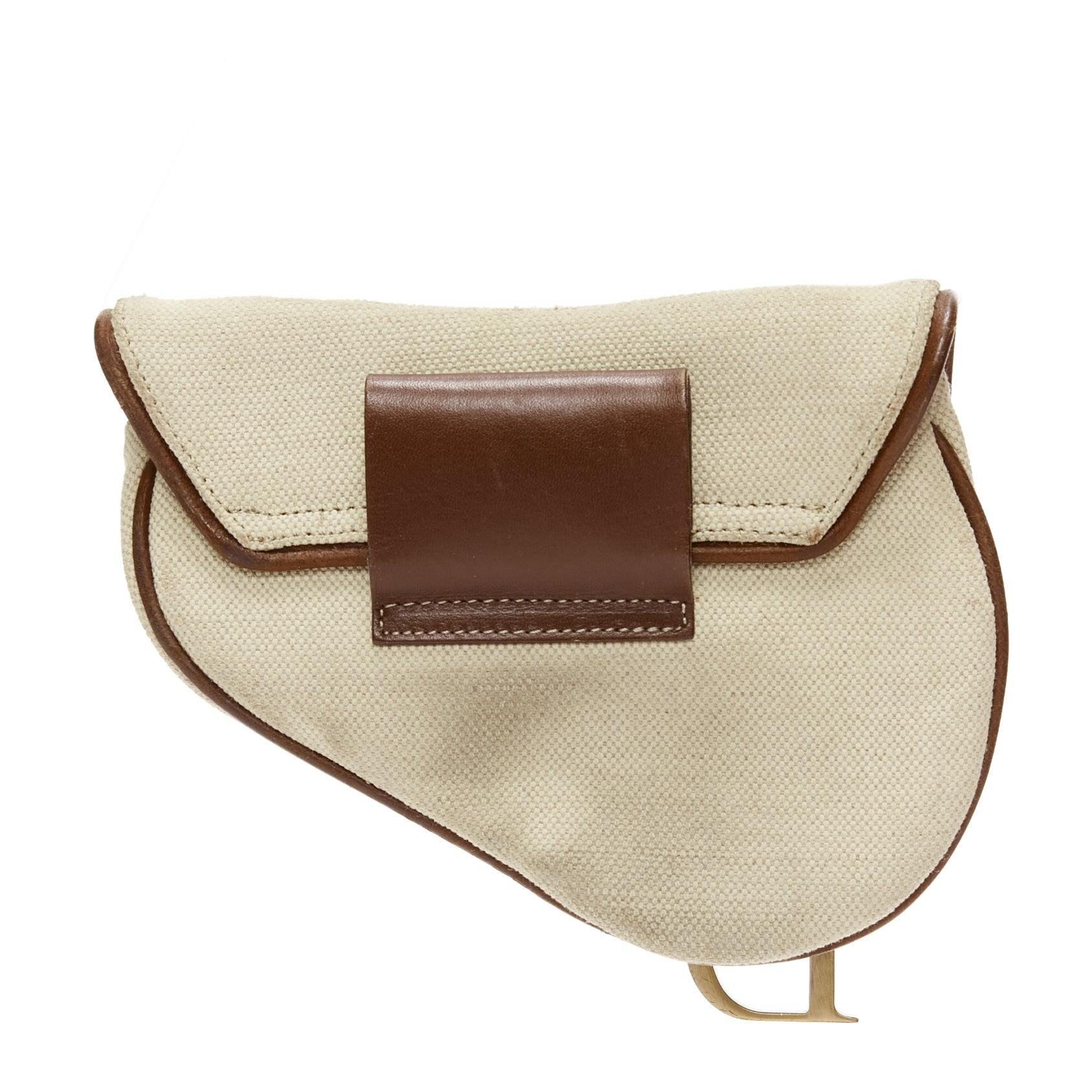 Women's CHRISTIAN DIOR John Galliano Vintage Saddle beige canvas leather belt bag pouch For Sale