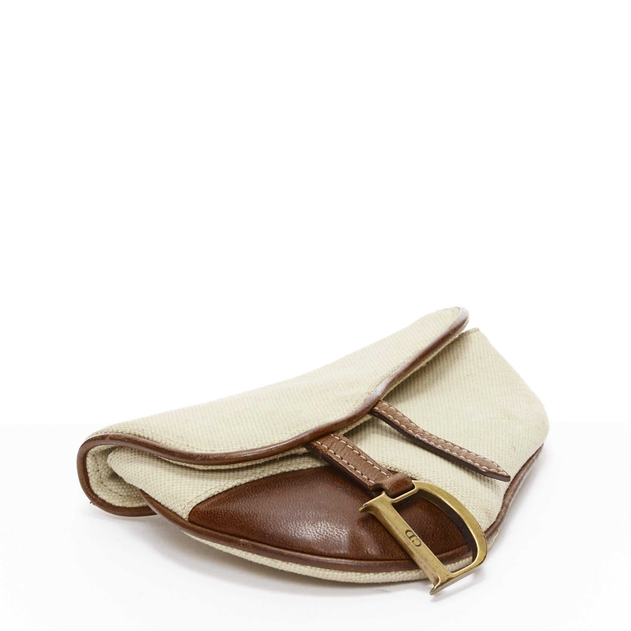 CHRISTIAN DIOR John Galliano Vintage Saddle beige canvas cuir ceinture pochette en vente 1
