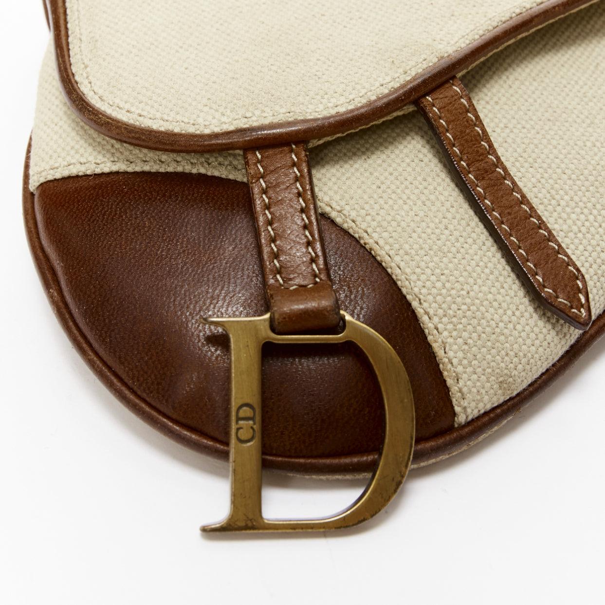 CHRISTIAN DIOR John Galliano Vintage Saddle beige canvas leather belt bag pouch For Sale 2