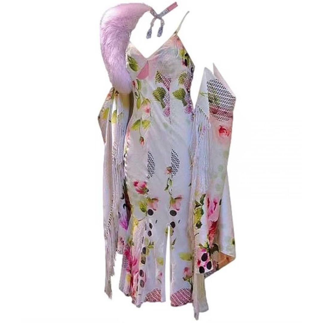 Christian Dior John Galliano Vintage Floral Evening Mid-length Dress with  Fringe Shawl Spring/Summer 2004 Size 36FR