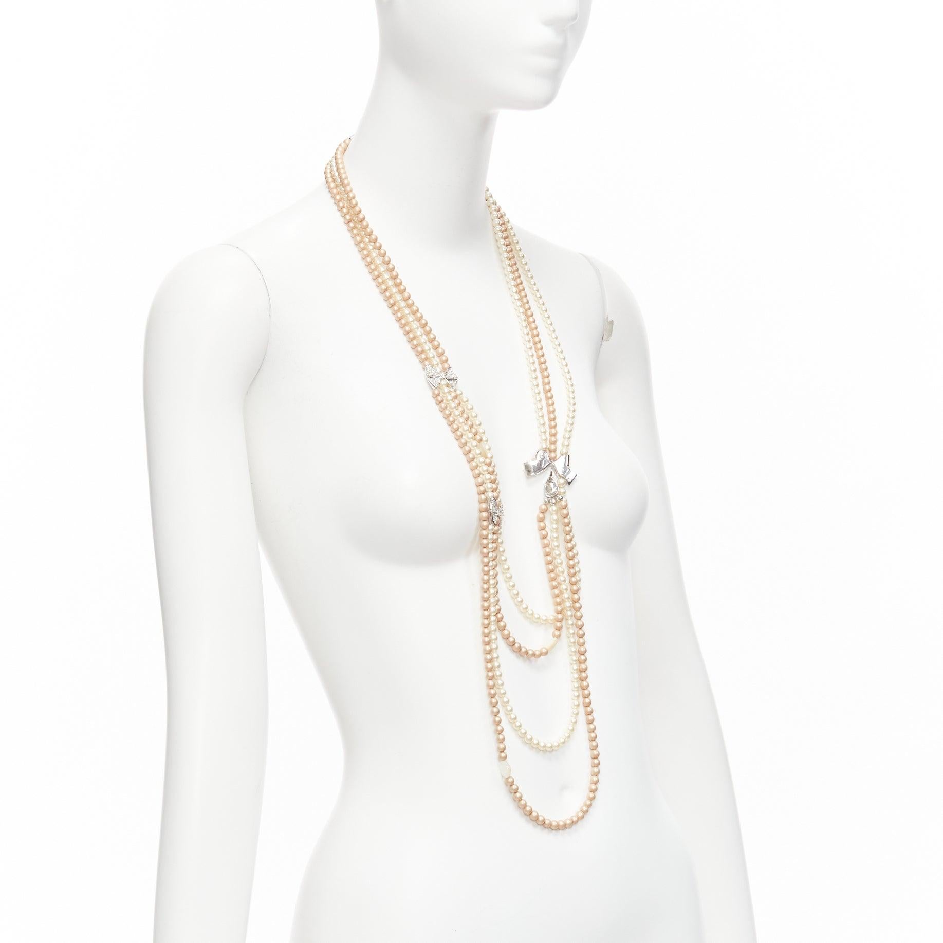 CHRISTIAN DIOR John Galliano Vintage silver crystal bow faux pearl long necklace In Good Condition In Hong Kong, NT
