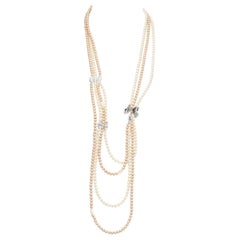 CHRISTIAN DIOR John Galliano Vintage silver crystal bow faux pearl long necklace