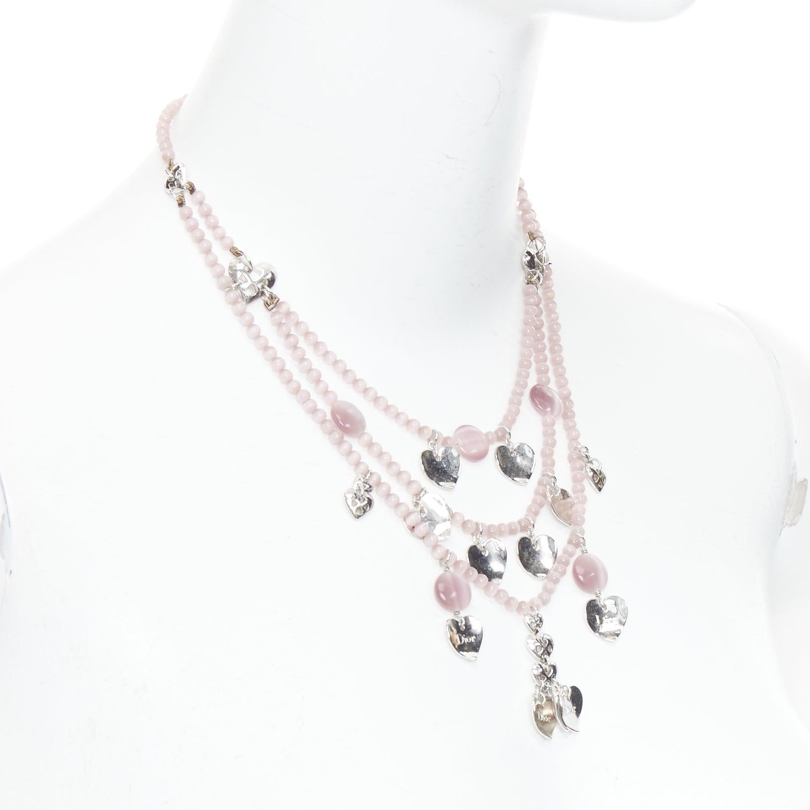 CHRISTIAN DIOR John Galliano Vintage silver pink heart logo tiered necklace In Good Condition For Sale In Hong Kong, NT
