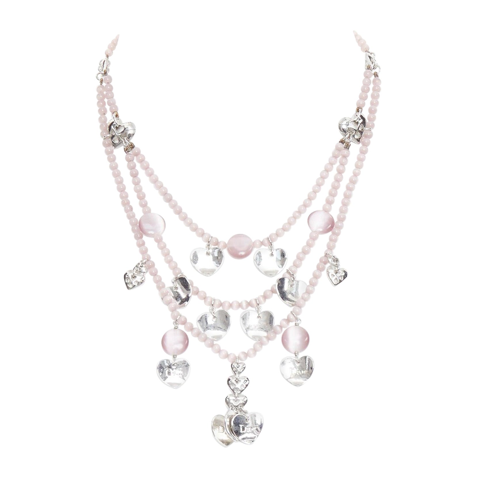 CHRISTIAN DIOR John Galliano Vintage silver pink heart logo tiered necklace For Sale