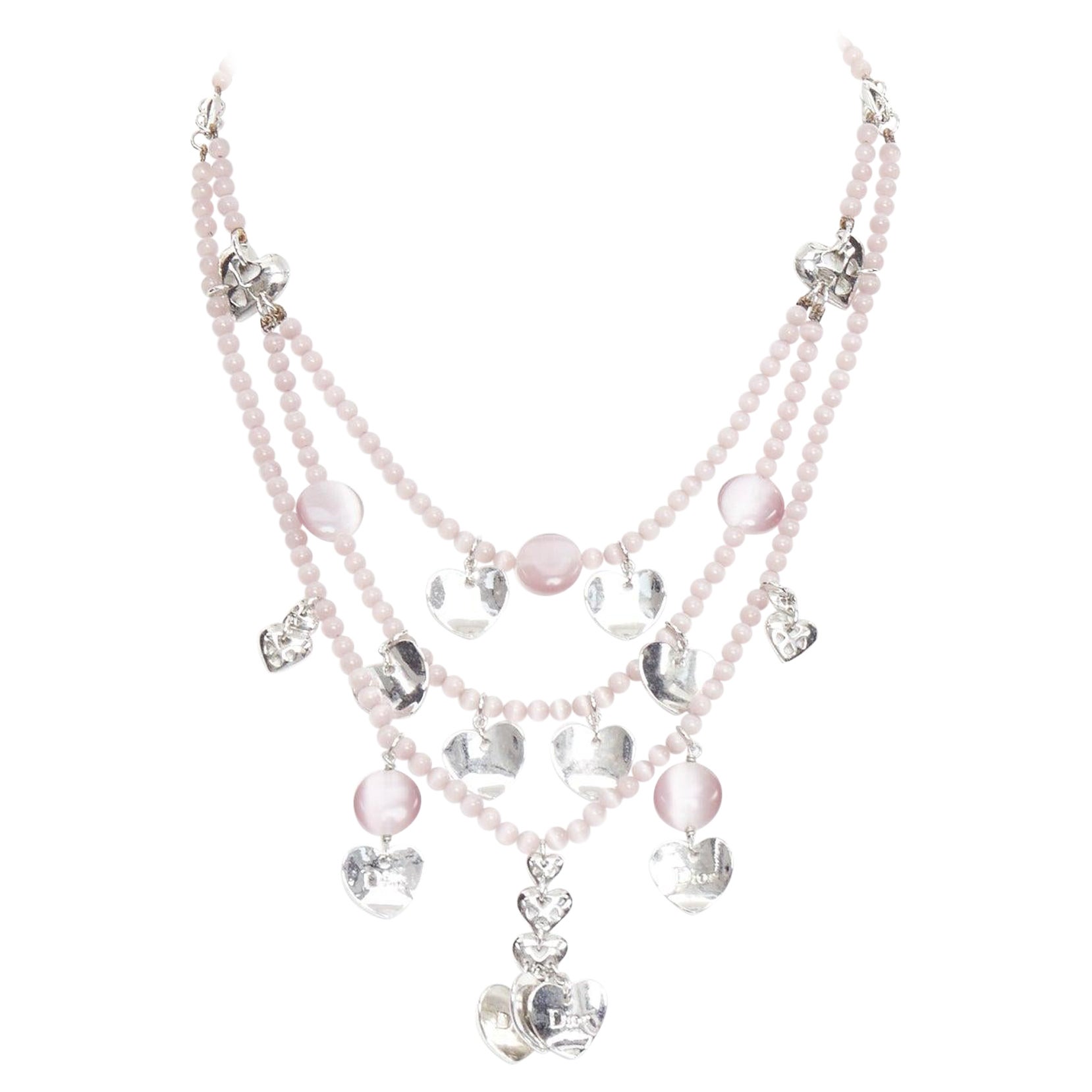 CHRISTIAN DIOR John Galliano Vintage silver pink heart logo tiered necklace For Sale