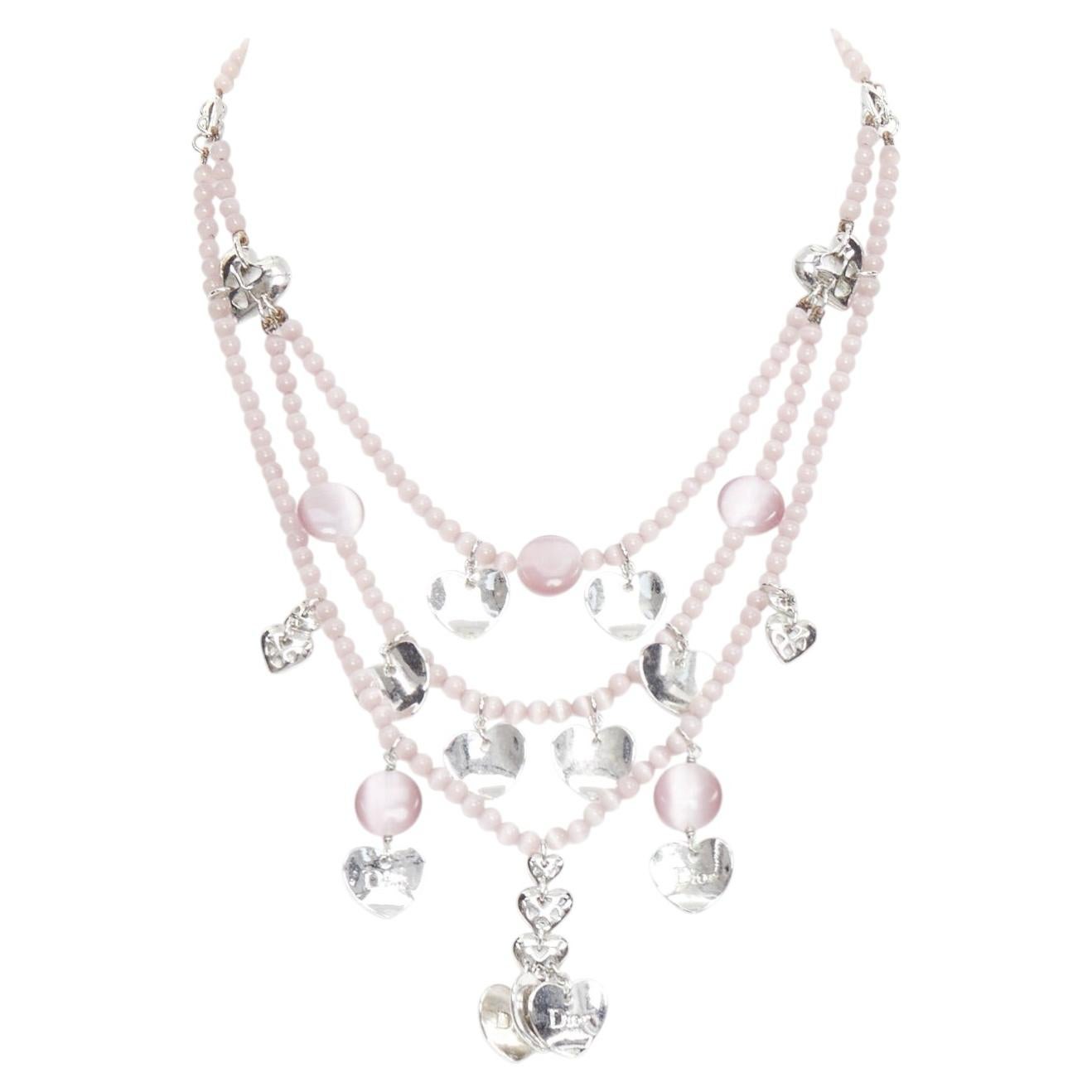 CHRISTIAN DIOR John Galliano Vintage silver pink heart logo tiered necklace For Sale