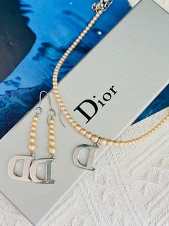 Christian Dior John Galliano White Beads Pearls Silver Logo D Drop Elegant 2 Set