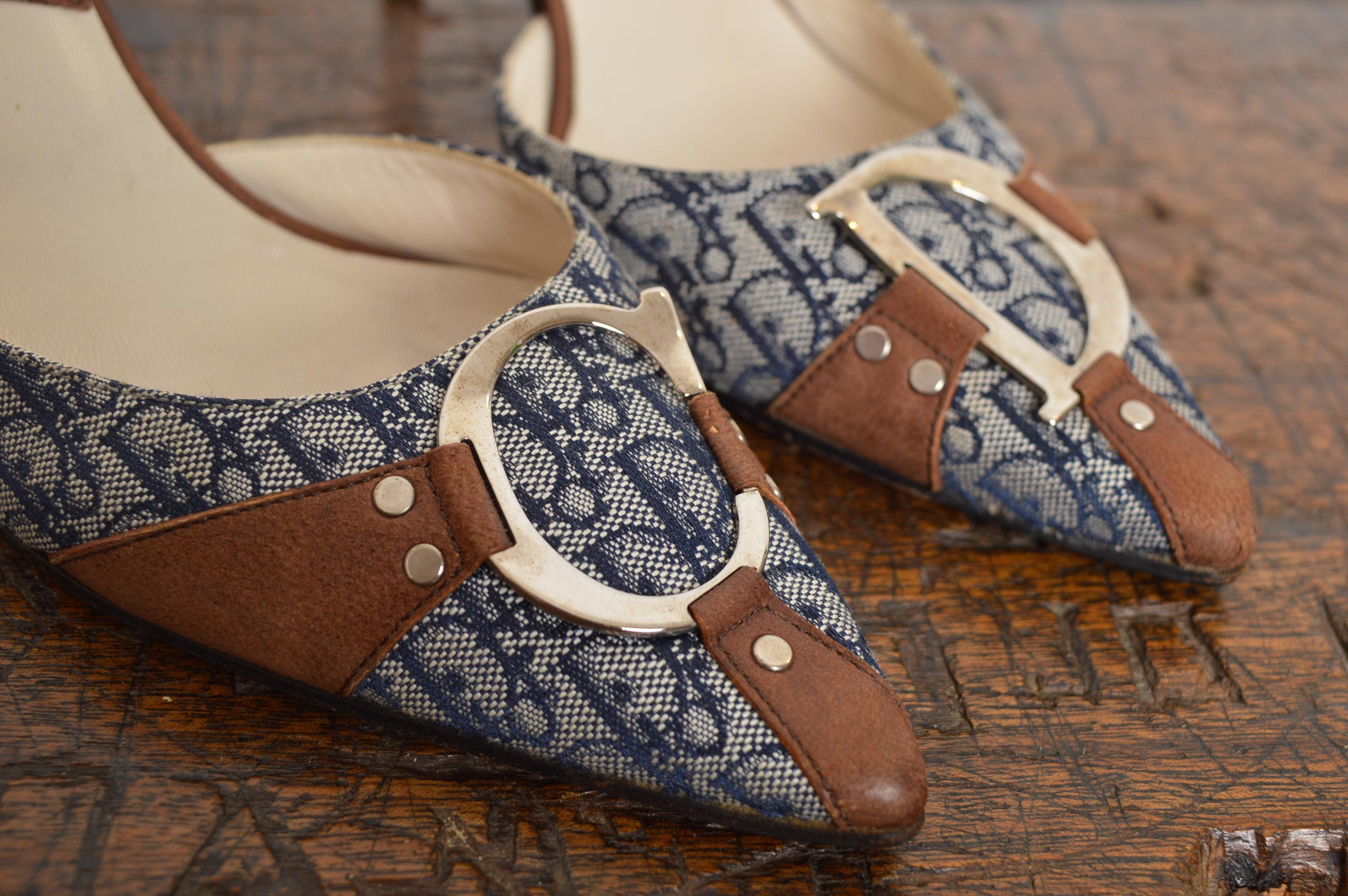 Christian Dior John Galliano Y2k CD Buckle Pointed Blue Brown Mules Kitten Heels For Sale 1