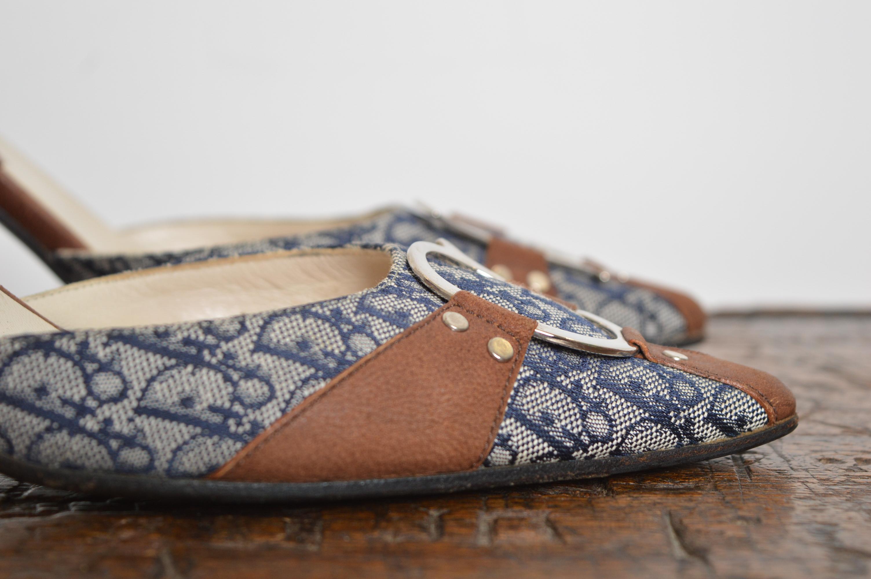 Christian Dior John Galliano Y2k CD Buckle Pointed Blue Brown Mules Kitten Heels For Sale 4