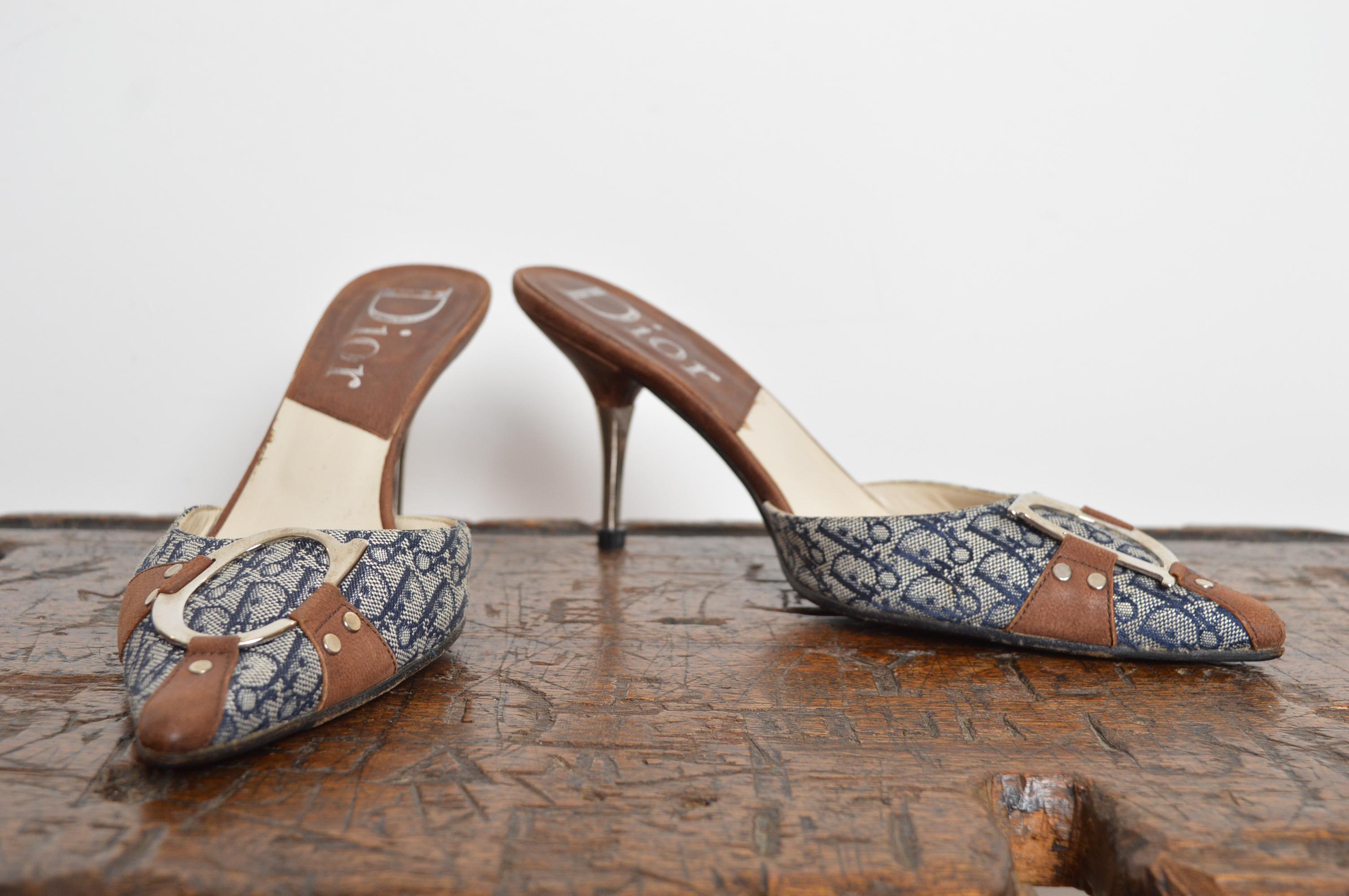 Christian Dior John Galliano Y2k CD Buckle Pointed Blue Brown Mules Kitten Heels For Sale 5