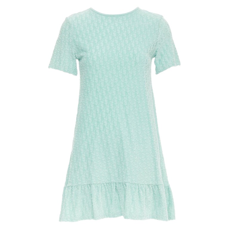 CHRISTIAN DIOR KIDS turquoise cotton velour monogram frill mini dress Yr12  For Sale at 1stDibs