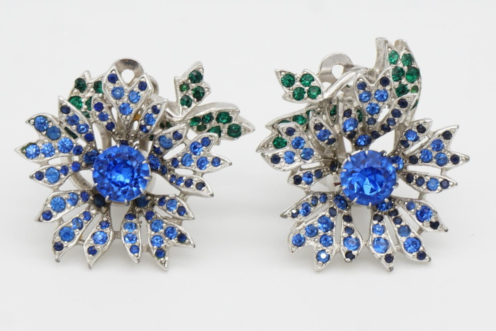 Christian Dior Kramer 1950s Sapphire Emerald Crystals Flower Leaf Clip Earrings 5