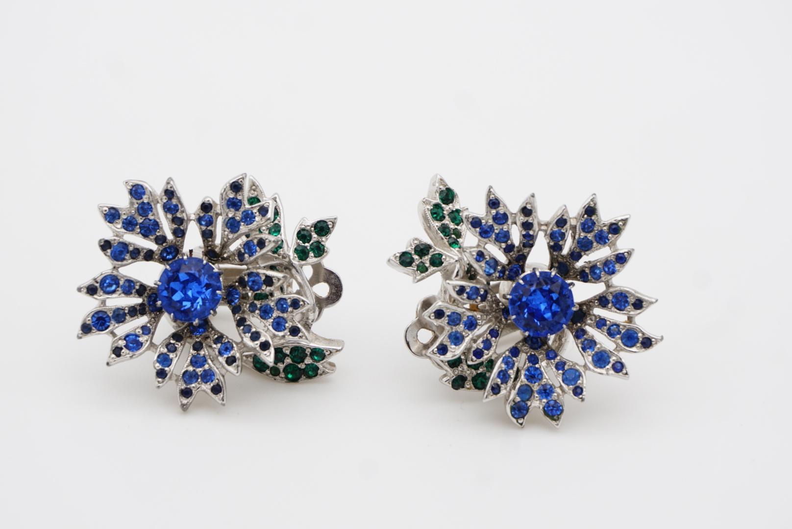 Christian Dior Kramer 1950s Sapphire Emerald Crystals Flower Leaf Clip Earrings 6